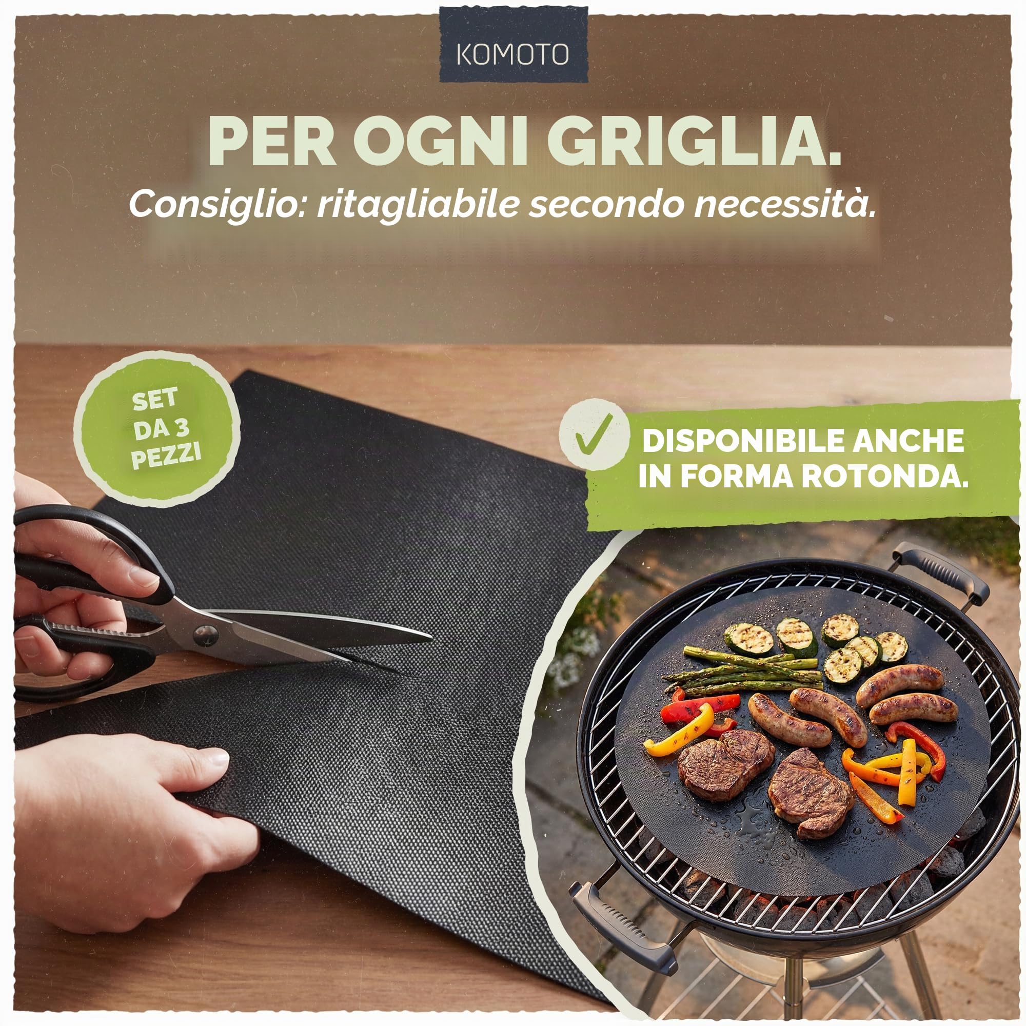 Premium Tappetino per Griglia Barbecue Set di 3 I Extra grande 50 x 40 cm forte griglia a gas & carbonella con rivestimento antiaderente Originale Komoto BBQ Grill