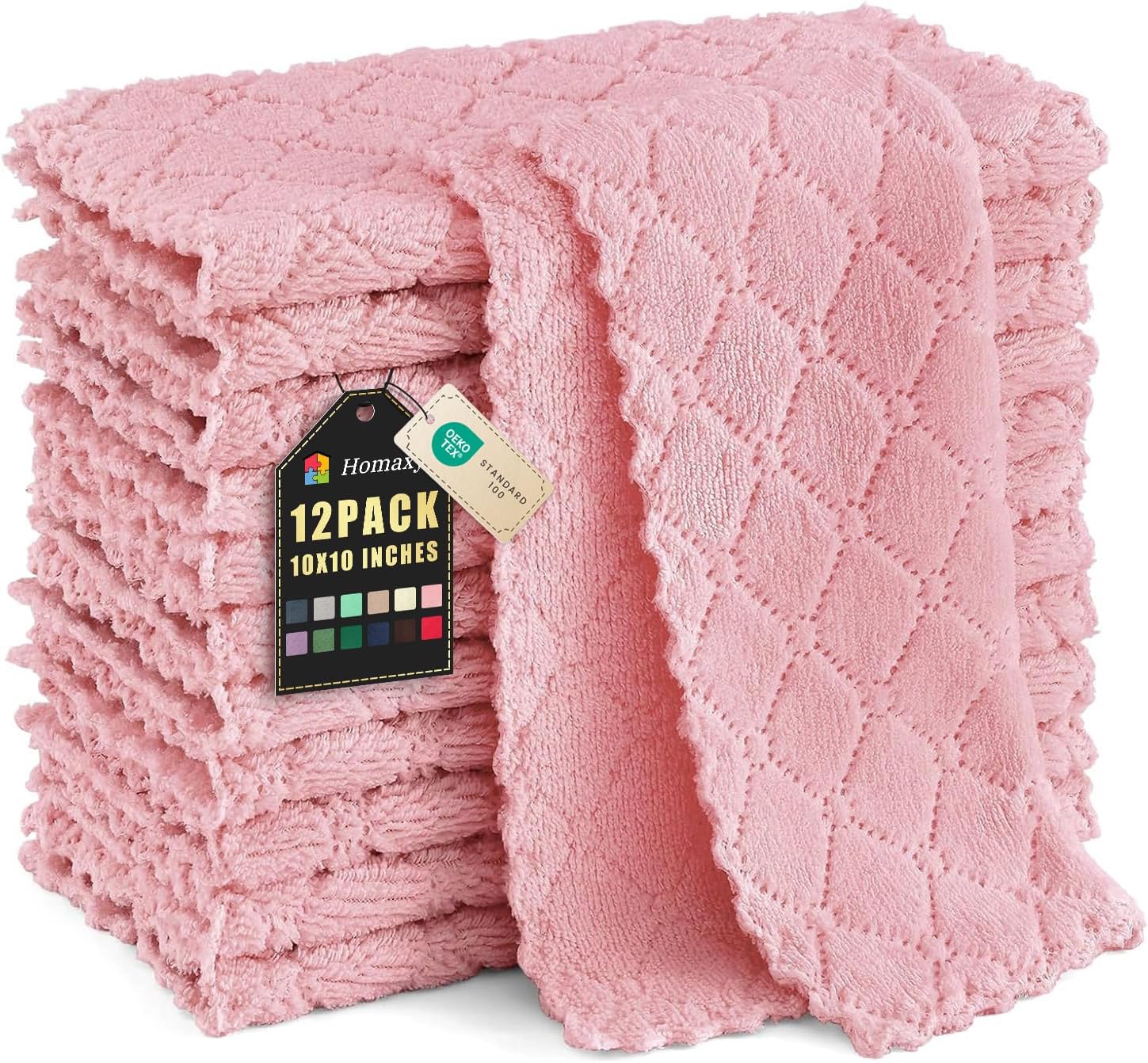 Homaxy 12 Pack Kitchen Dish Cloths (10 x 10 Inches, Pink), Super Soft and Absorbent Coral Velvet Dish Towels, Nonstick Oil Fast Drying Microfiber Cleaning Cloth, No Lint Household Dishcloths