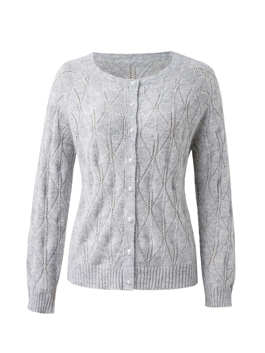 GORGLITTER Womens Mohair Pearl Button Up Sweater Lightweight Long Sleeve Cardigan Crochet Knit Tops Grey Large