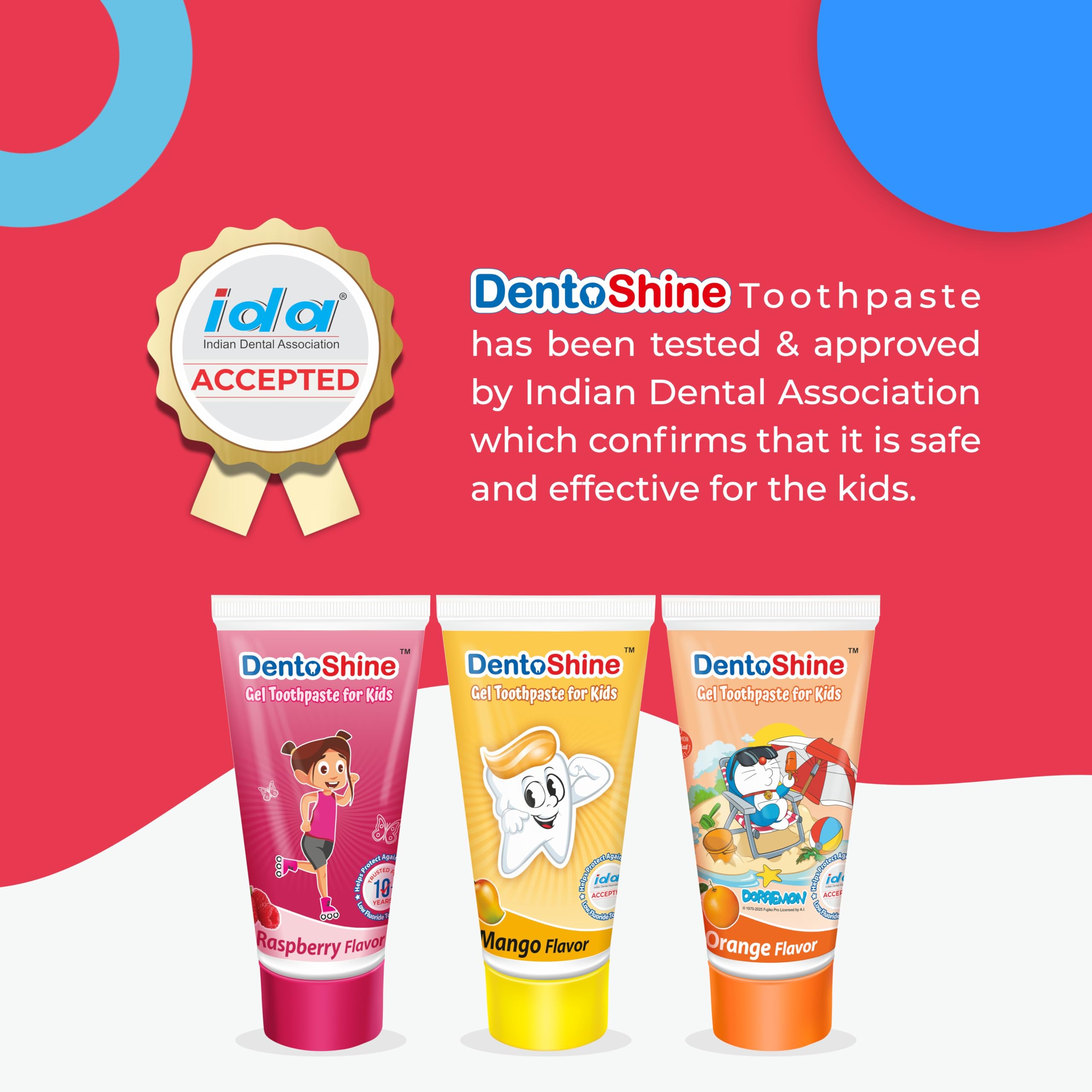 DentoShine Gel Toothpaste for Kids | Pack of 3 Flavors (Orange, Raspberry & Mango, 80g each) | IDA Accepted | Ages 2+