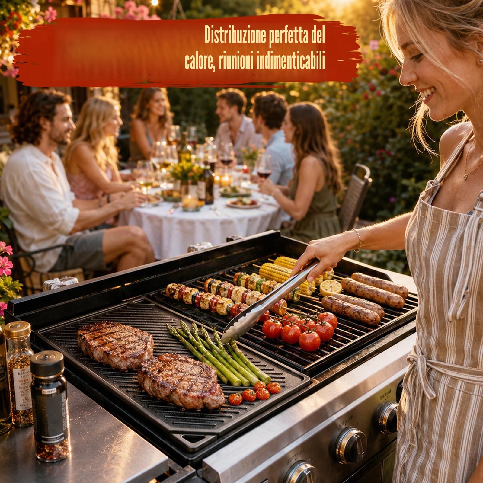 Denmay Piastra in ghisa 42 x 24 cm, antiaderente reversibile griglia per barbecue a gas, piastra in ghisa per fornelli a gas, forno, barbecue all'aperto o falò, 1 pezzo