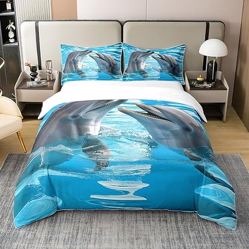 Juego de ropa de cama 100% algodón para niños con delfín, linda funda de edredón con delfín, funda de edredón de vida marina, decoración de olas