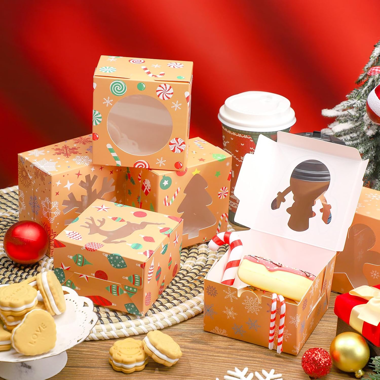 Tinlade 24 Pcs Christmas Bakery Cookie Boxes Kraft Paper Brown Christmas Treat Boxes with Clear Window Small Xmas Candy Box Gift Giving for Cupcakes, Cookies, Brownies, Donuts, Homemade Desserts