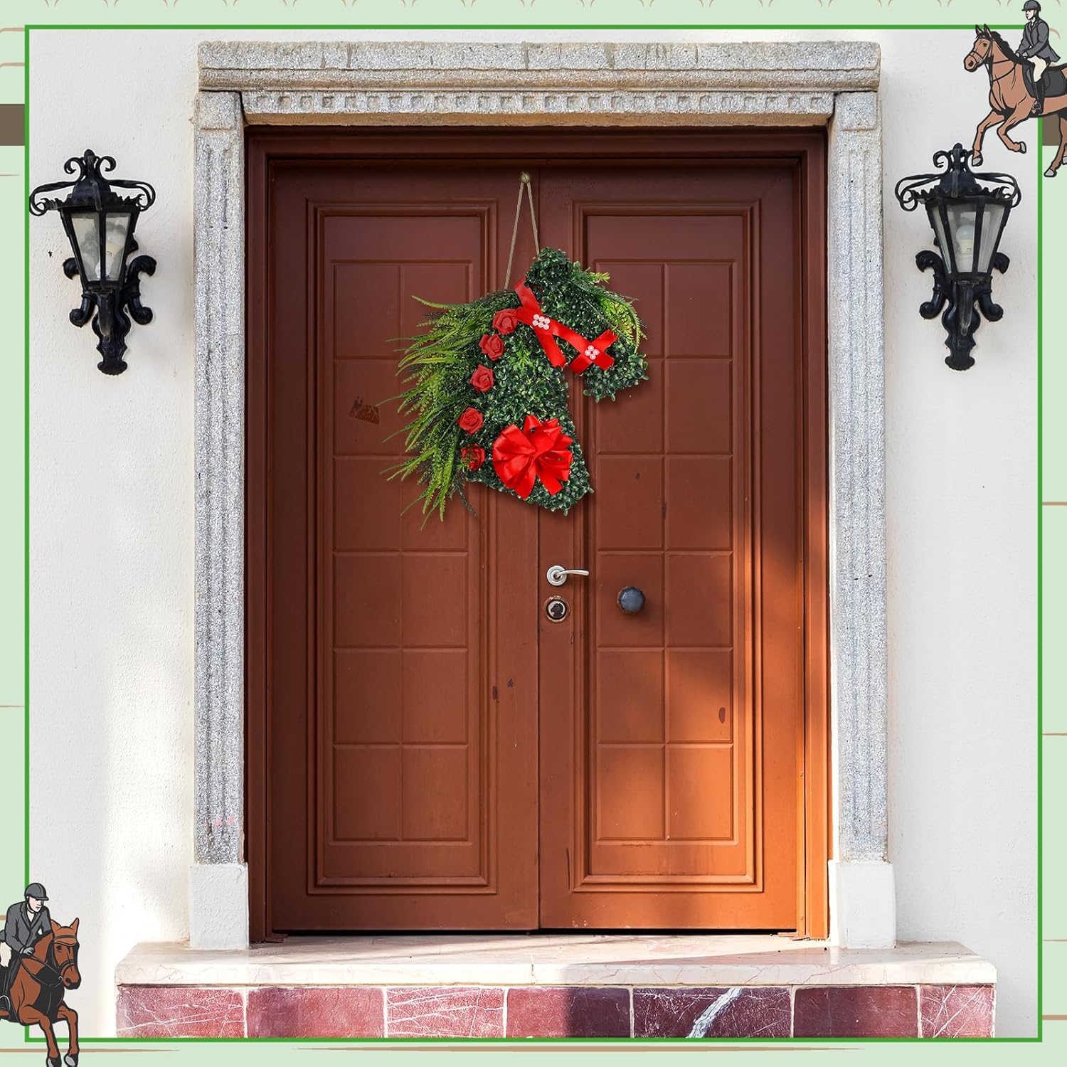 Kentucky Horse Derby Wreath Racing Front Door Wreath Horse Head Hanging Sign Derby Party Decorations for Wall Indoor Window Outside Outdoor Welcome Porch Party Supplies