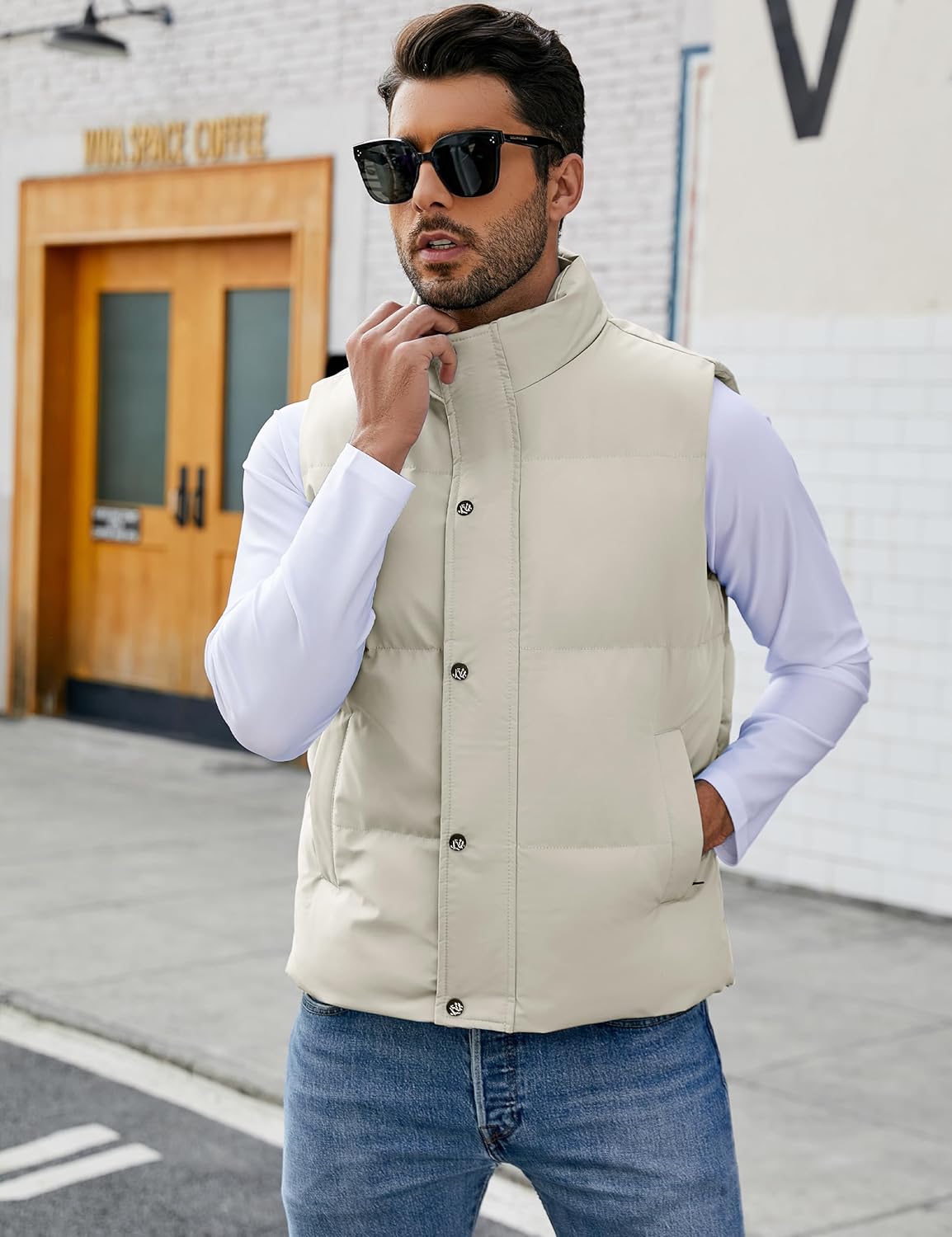 Flygo Mens Puffer Vest Winter Padded Vests Lightweight Stand Collar Sleeveless Quilted Jackets Outerwear
