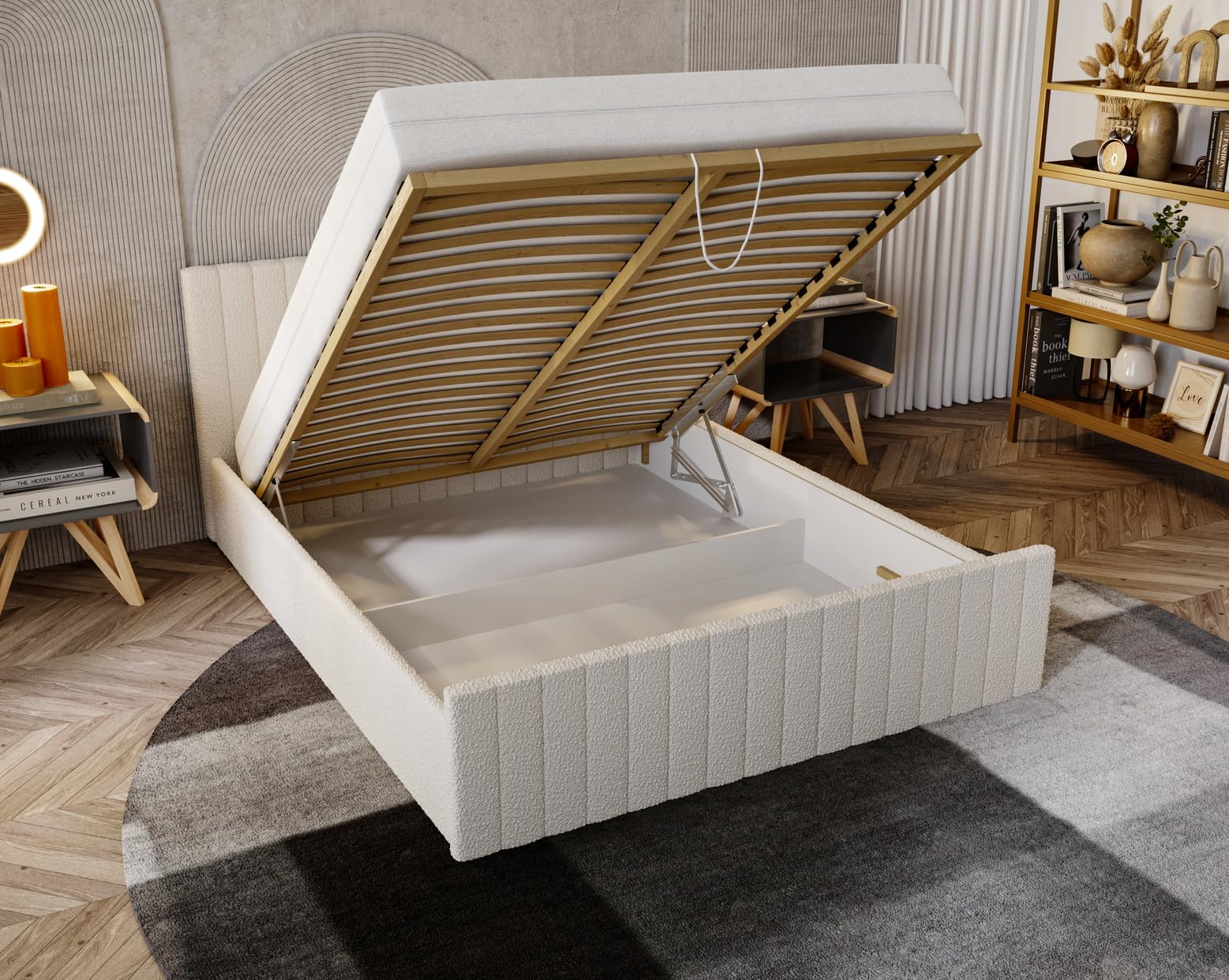 Lit Coffre Double ALBA 160x200 Cm Velours Beige Avec Tête De Lit Capitonnée - IDMarket, Rangement Intégré
