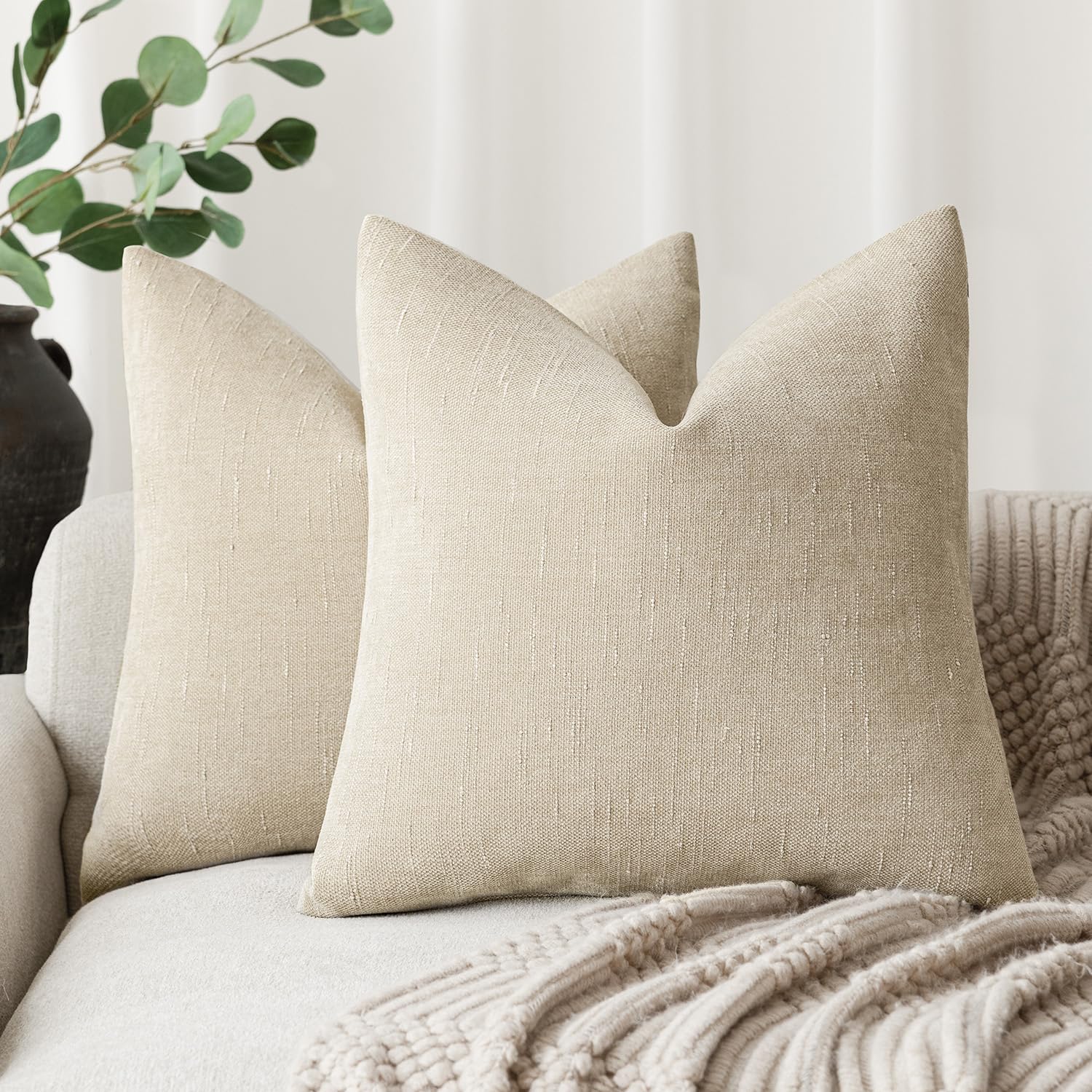 Foindtower Pack of 2 Soft Textured Chenille Throw Decorative Pillow Covers Square Accent Solid Cushion Cover Cozy Neutral Farmhouse Pillow Case for