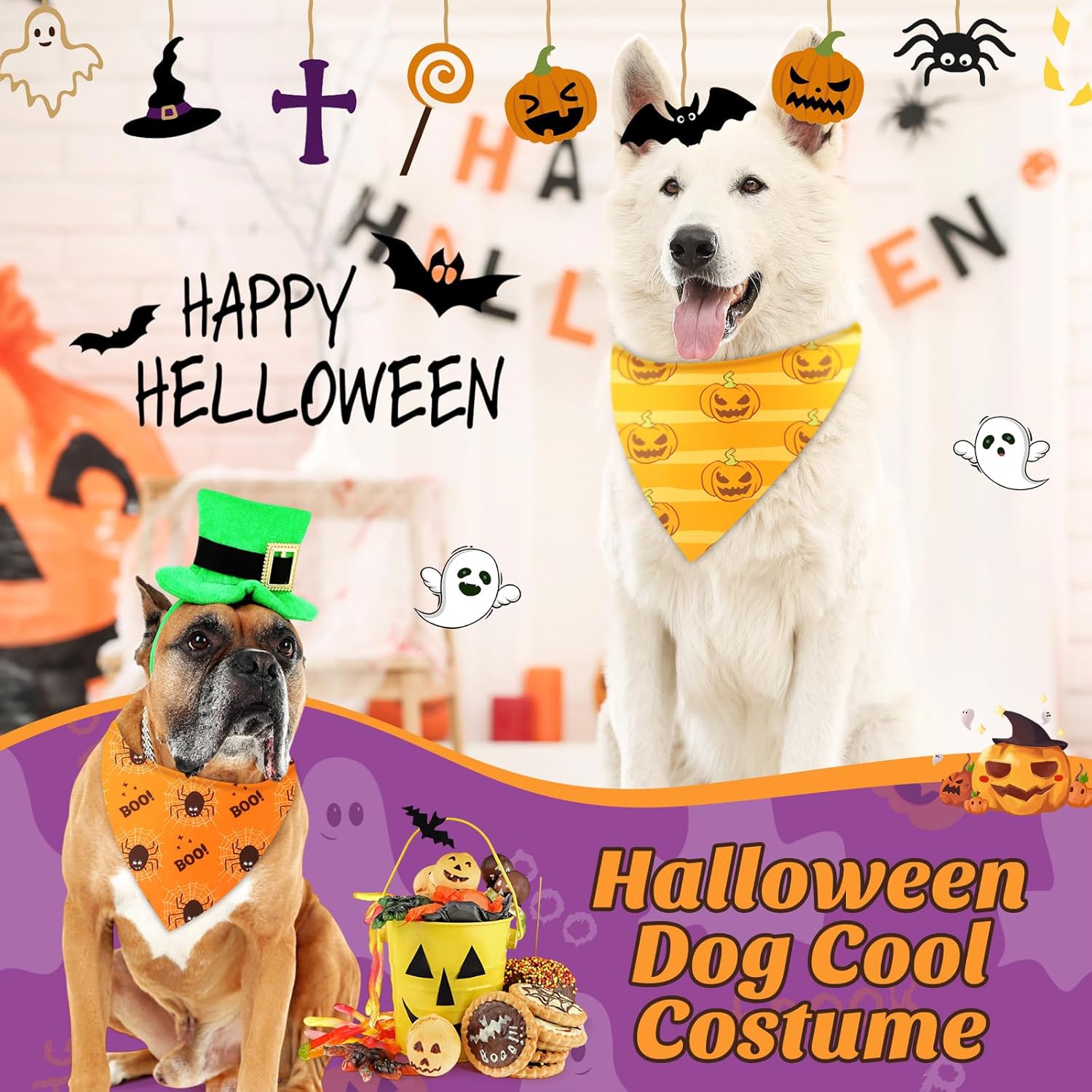 Preboun 50 Pcs Halloween Dog Bandanas Bulk Pumpkin Ghost Bandanas for Dogs Colorful Triangle Kerchief Bibs Scarf Set for Pet Costume Photo Props Accessories Pet Shops, 25 Styles (31.5 x 21.7 x 21.7)