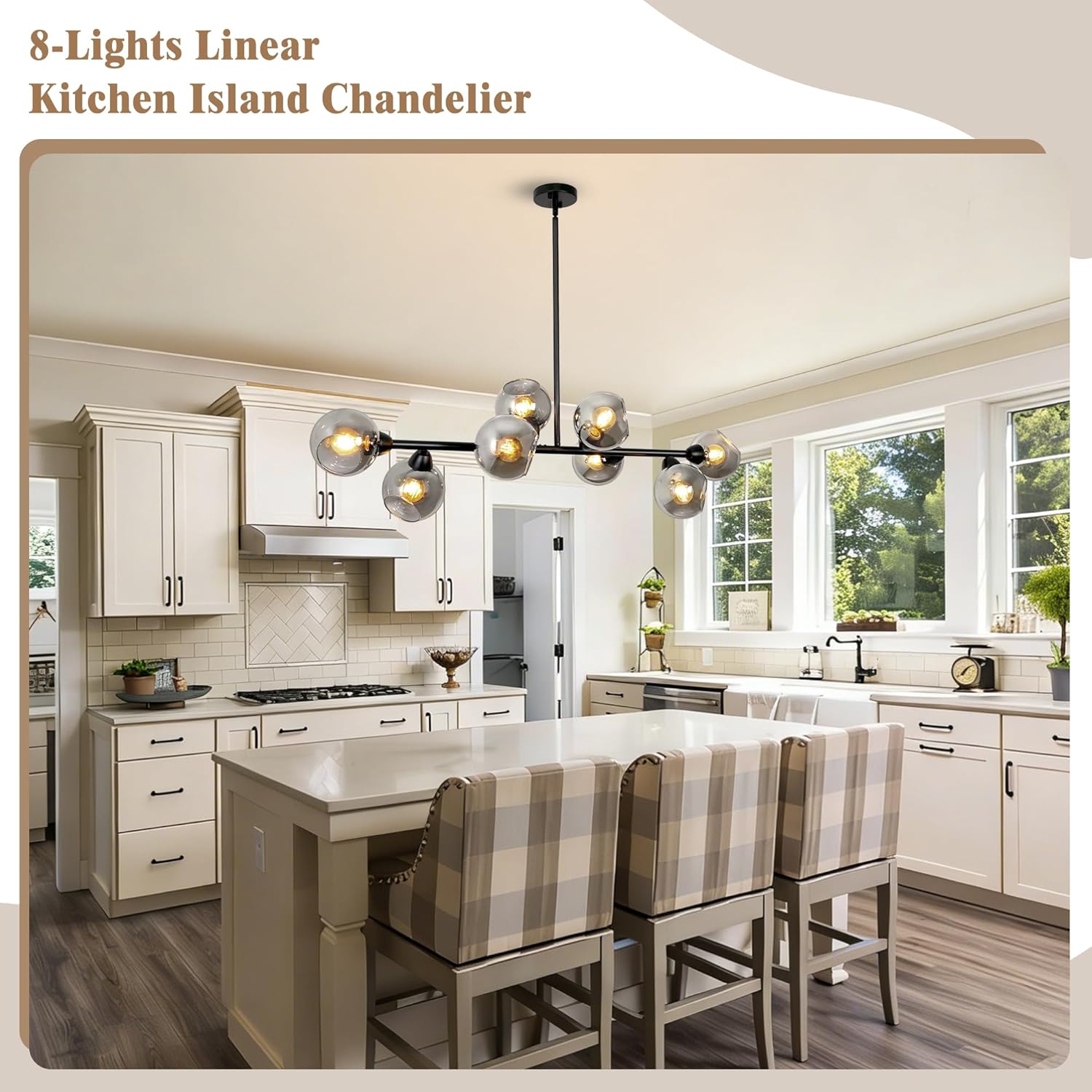 Linear Chandeliers for Dining Room Modern Black Linear Chandelier with Smoke Gray Open Glass Shade 8 Lights Globe Glass Chandelier for Dining Room, Kitchen Island, Over Table, Farmhouse, 50 Inch, ETL