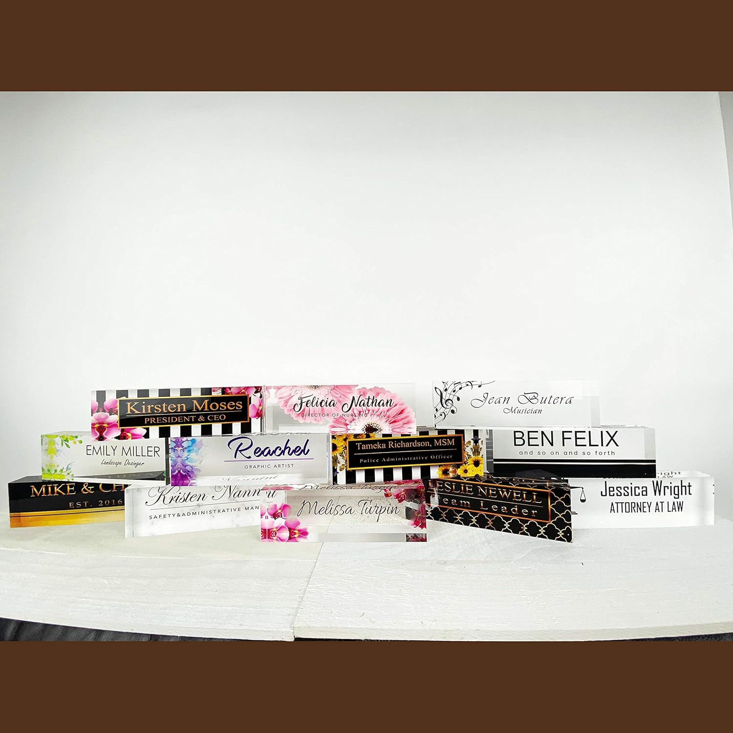 Artblox Office Desk Name Plate Personalized | Custom Name Plates for Desks | Pink Daises Design On Clear Acrylic Glass | Office Desk Decor - (8" x 2.5") : Home & Kitchen