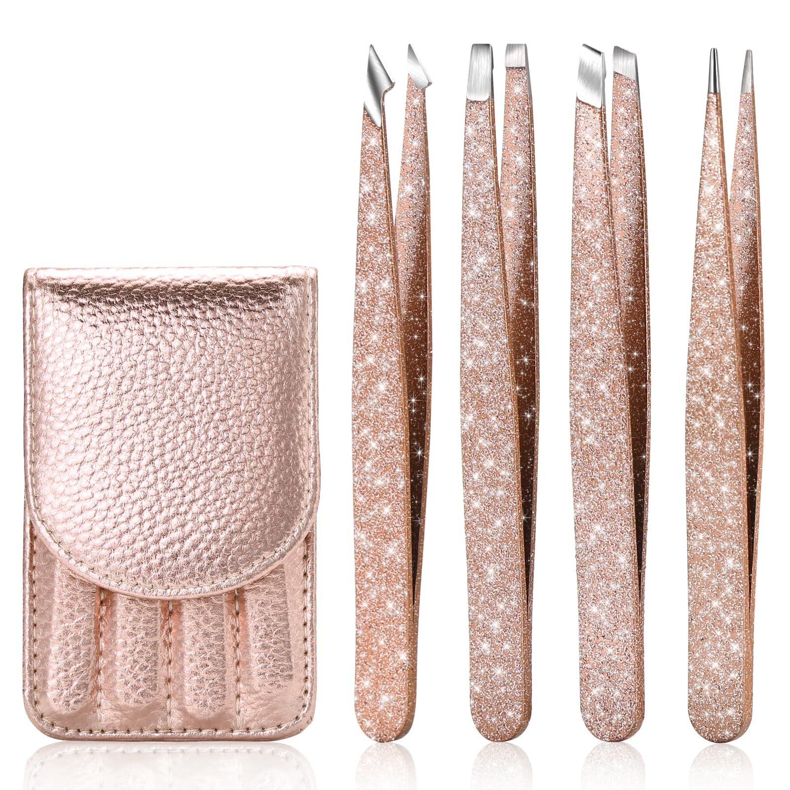 FungChoi 4-Pcs Glitter Stainless Steel Precision Tweezer Set for Eyebrows, Ingrown Hair & Lash Extensions (Rose Gold)