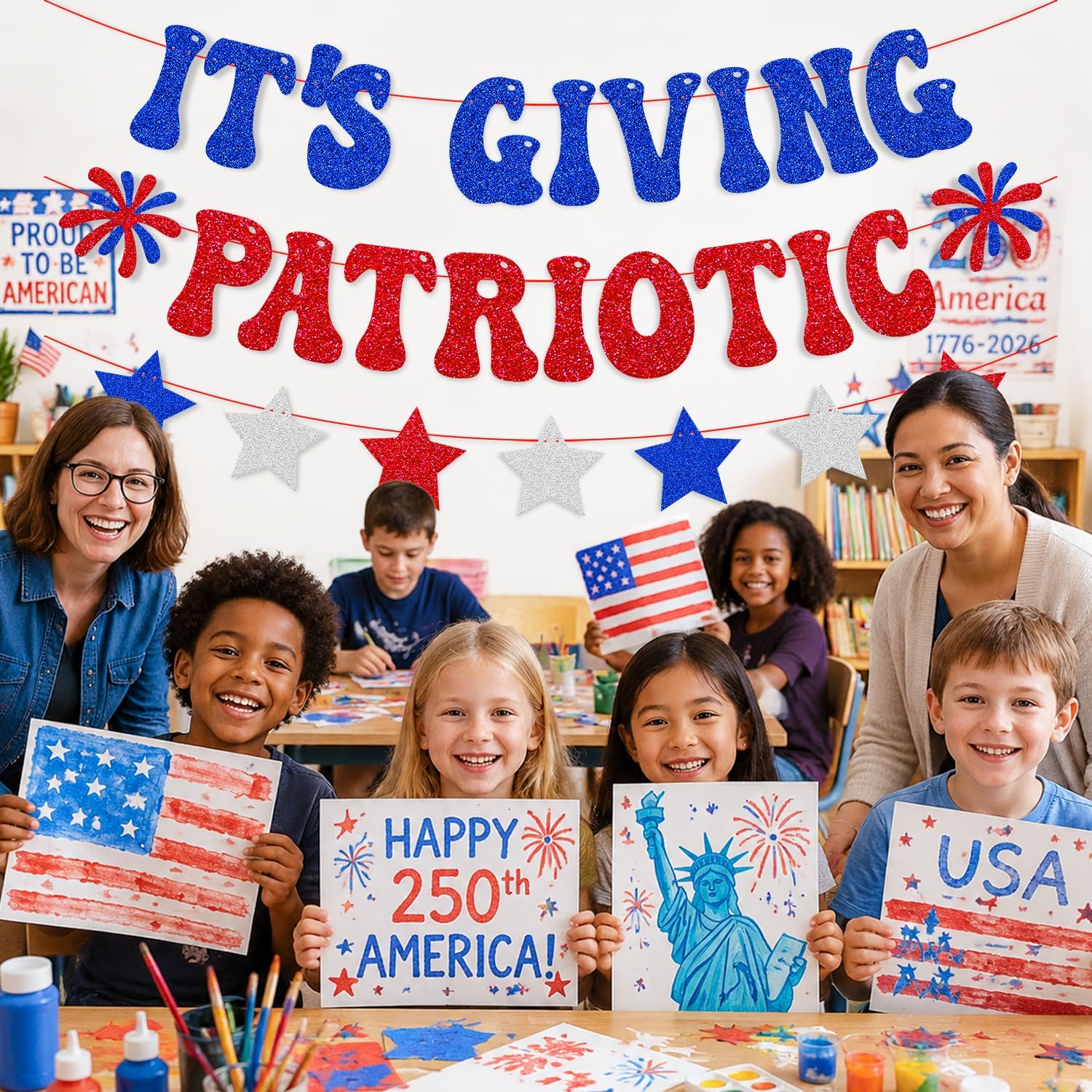 It’s Giving Patriotic Banner Happy Independence Day Decorations | Pre-Strung 4th of July Theme Garland Glitter Red White & Blue 250th Anniversary 1977-2026 celebration