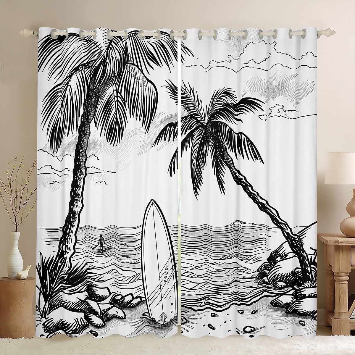 Erosebridal Ocean Beach 30%-50% Blackout Curtains 42"x63" Seascape with Coconut Tree and Surfboard Window Curtains 2 Panel Sets Watercolor Coastal Window Treatments Drapes Room Decor