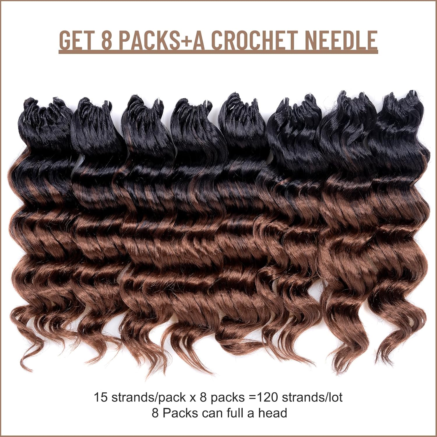 Toyotress Ocean Wave Crochet Hair - 9 Inch 8 Packs Ombre Brown Ocean Wave Braiding Hair, Beach Curl Deep Twist Water Wave Short Curly Synthetic Hair Extensions (9 Inch, OT30-8P)