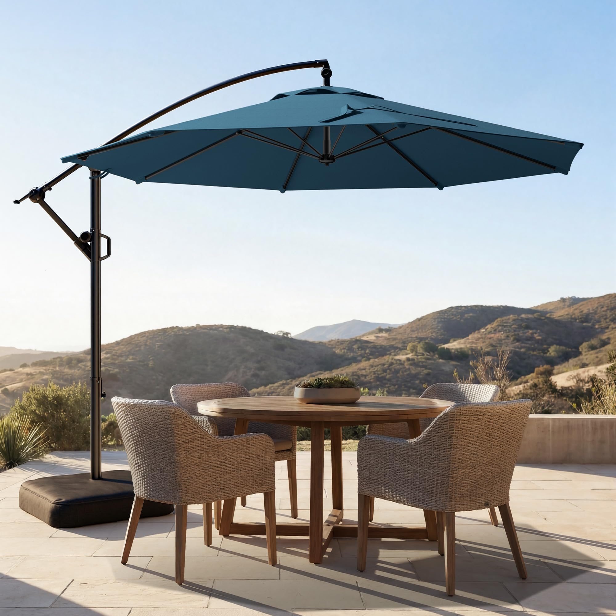 10ft Offset Patio Umbrella with Base Included, Cantilever Offset Hanging Patio Outdoor Market Umbrella UPF50+ UV Protection with Easy Tilt and Crank for Pool Deck and Garden(Peacock Blue)