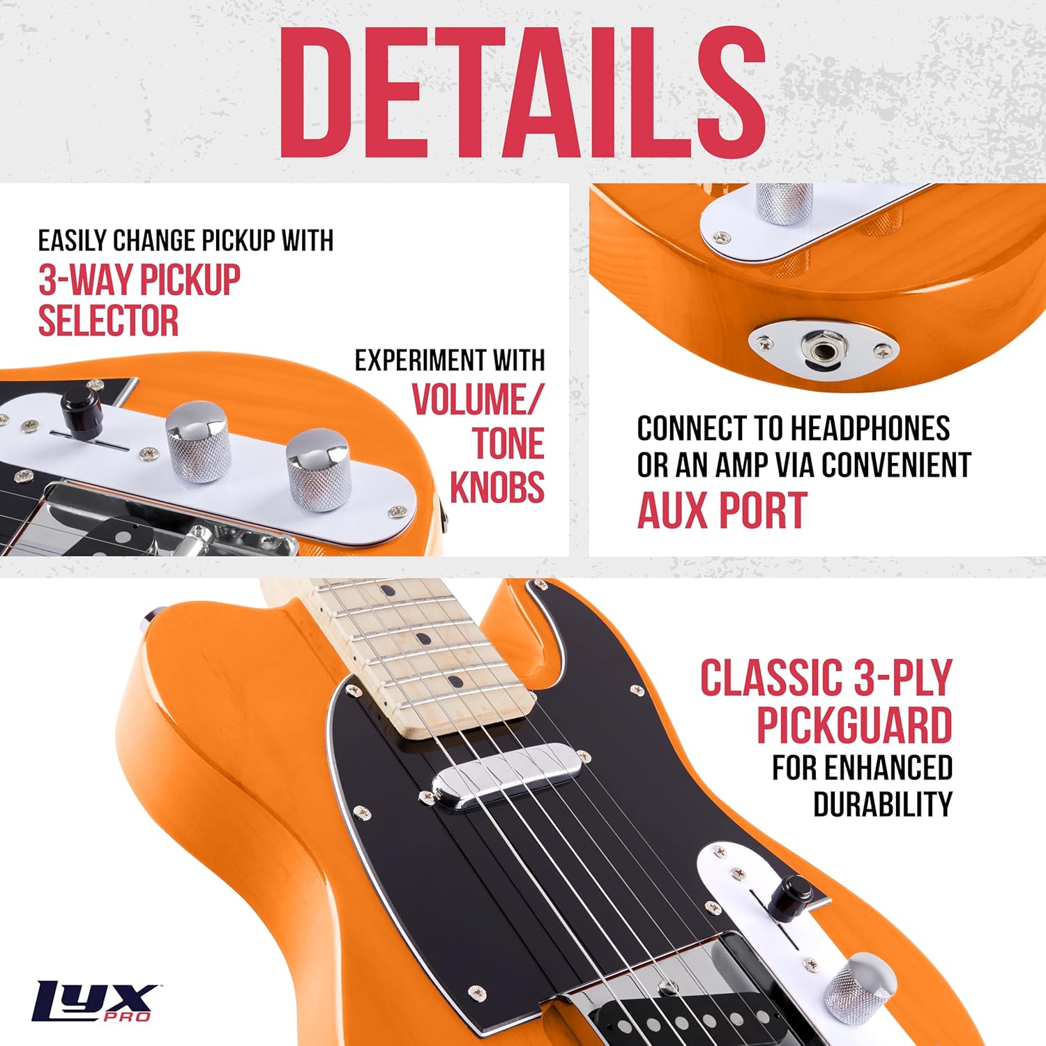 LyxPro 30” Electric Guitar TL Series, Full-Size Paulownia Wood Body, 3-Ply Pickguard, C-Shape Neck, Ashtray Bridge, Quality Gear Tuners, 3-Way Switch & Volume/Tone Controls, 2 Picks Included, Mahogany