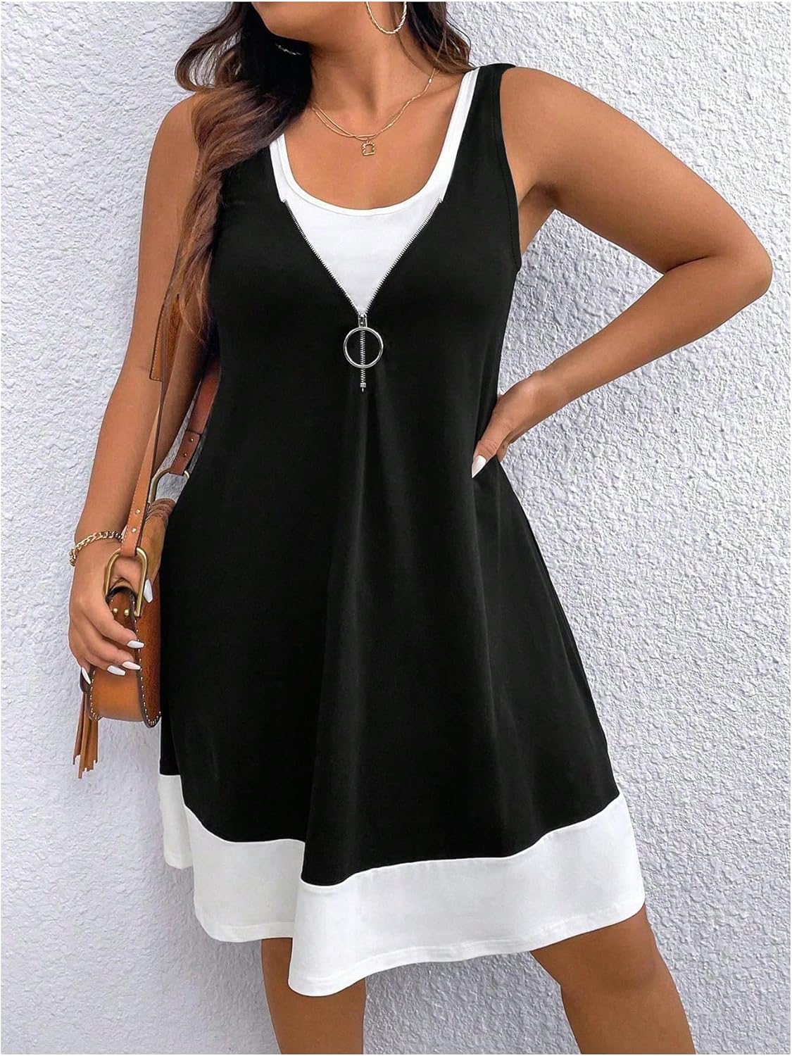 SOLY HUX Women's Plus Size Color Block Tank Dress Sleeveless Zipper Flowy Vacation Short Dresses - Image 5