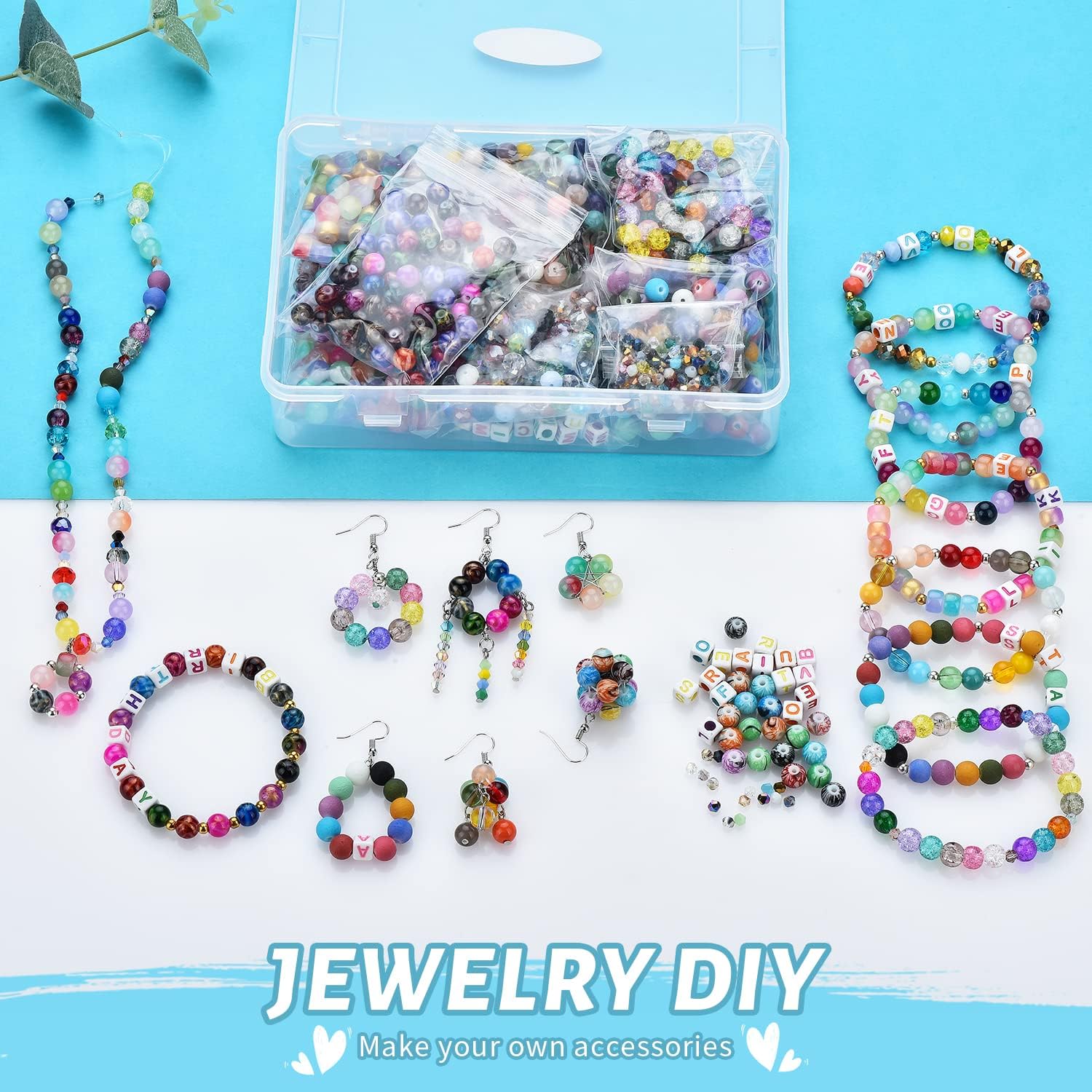 Glass Beads for Jewelry Making,1400Pcs Over 120 Different Pattern Beads Bulk, Include Crystals Beads, Crackle Beads, Letter Beads, Bicone Bead, Spacer Beads for Bracelet Earring Necklace DIY Crafts