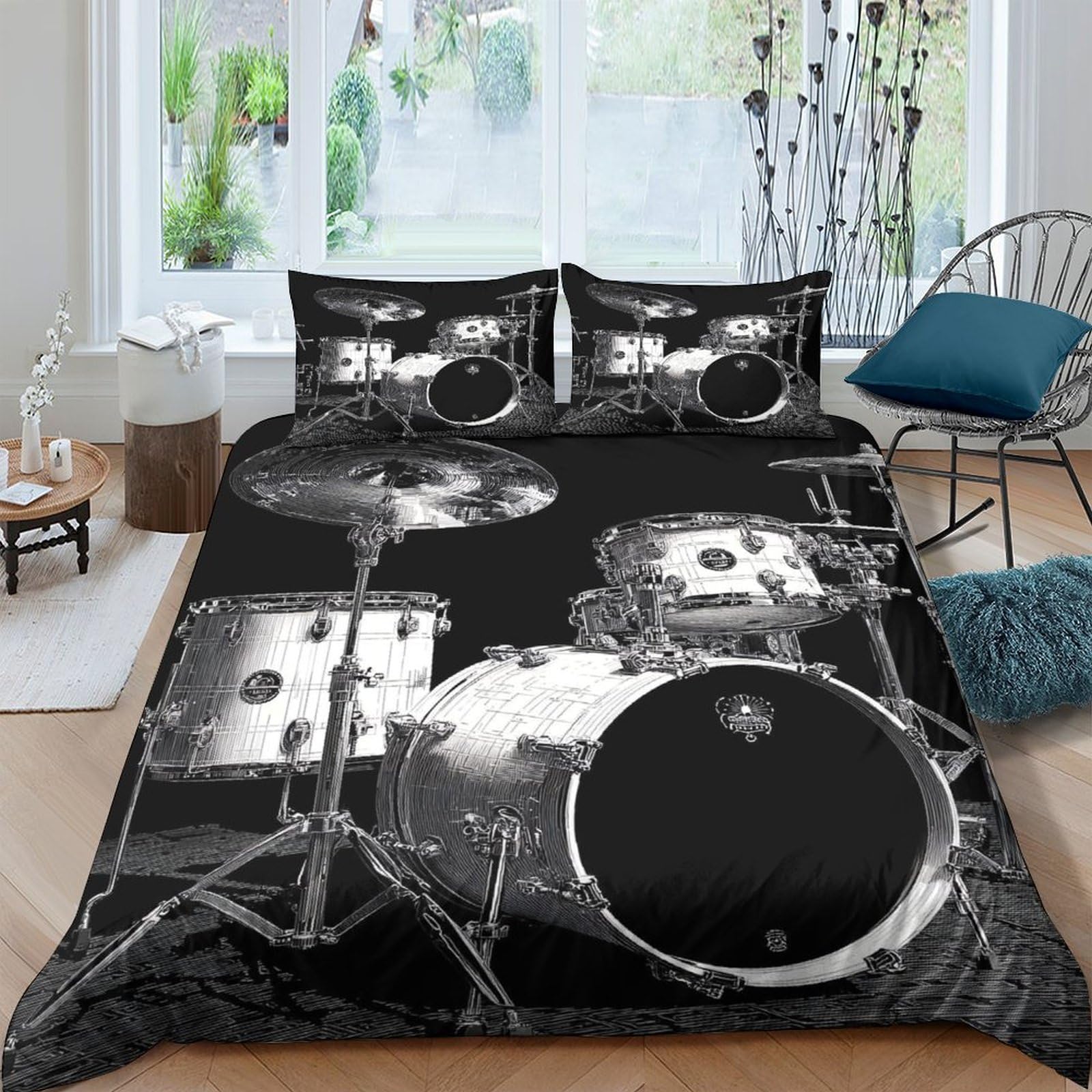 Ctjqhvkz Style-7 3D Printed Drum Set Fitted Sheet Microfiber Black Music Theme Bed Cover For Bedroom Dorm Mattress Decor 116 Single（135X200cm）