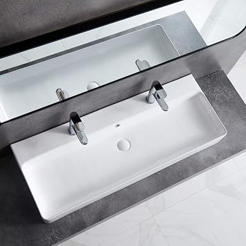 Eridanus 43" Wall Mounted Bathroom Sink, Large Ceramic Rectangular Trough | 43"x16.5" wall mounted bathroom sink, Countertop vessel sinks, rectangular vessel, modern floating rectangular large trough