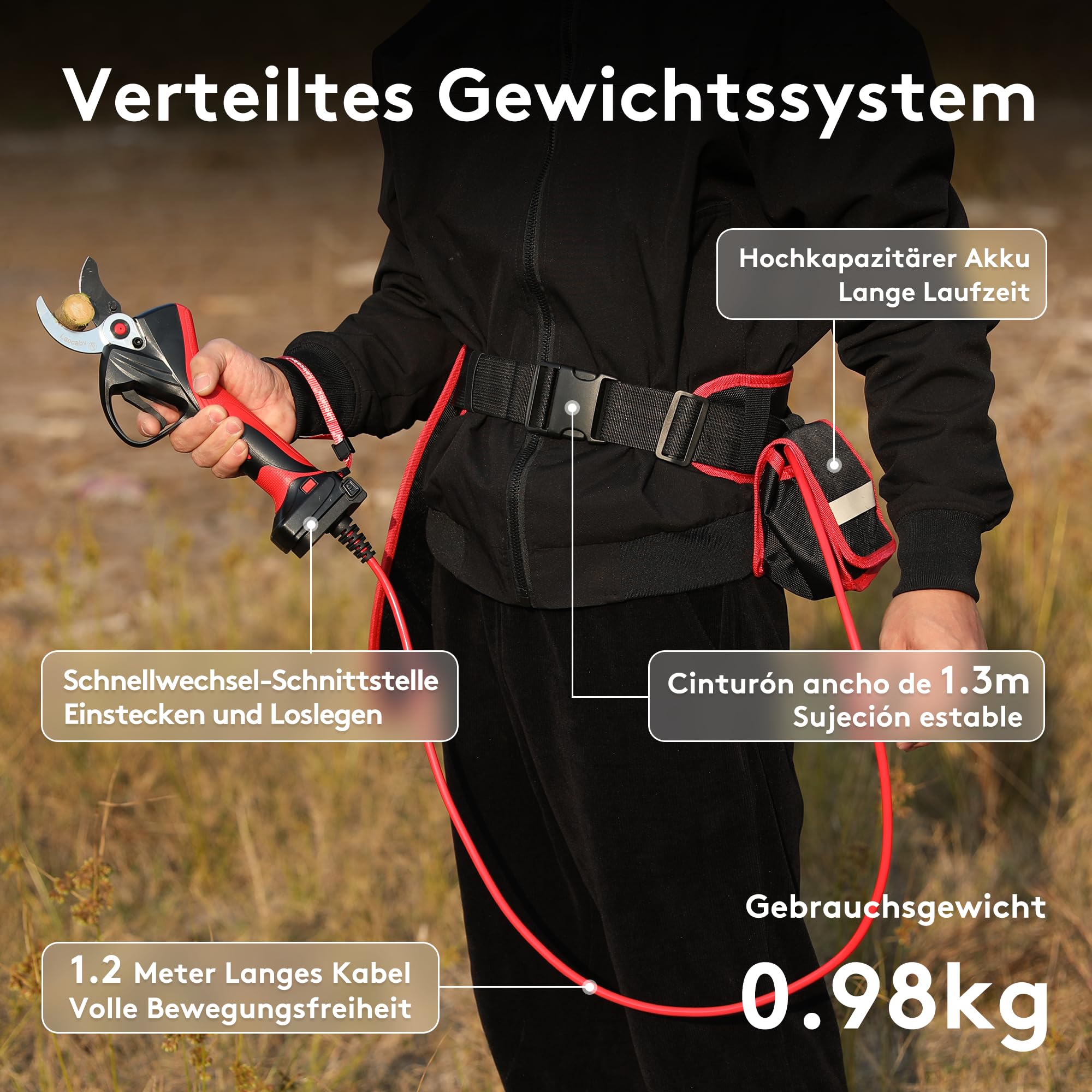 Laecabv LA40Pro Professionelle elektrische Gartenschere, 40 mm, progressiver Schnitt, 2 x 4,0 Ah Batterien (12 Std), 2 Jahre Garantie für den Körper, Bund und LCD-Display für Olivenbäume und Reben