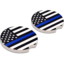Elektroplate Police Thin Blue Line USA Flag Automotive Ceramic Coasters 2.6" Diameter | Universal Fit for All Cars, Trucks, SUVs, and More | Absorbent Non-Slip Durable | Set of 2
