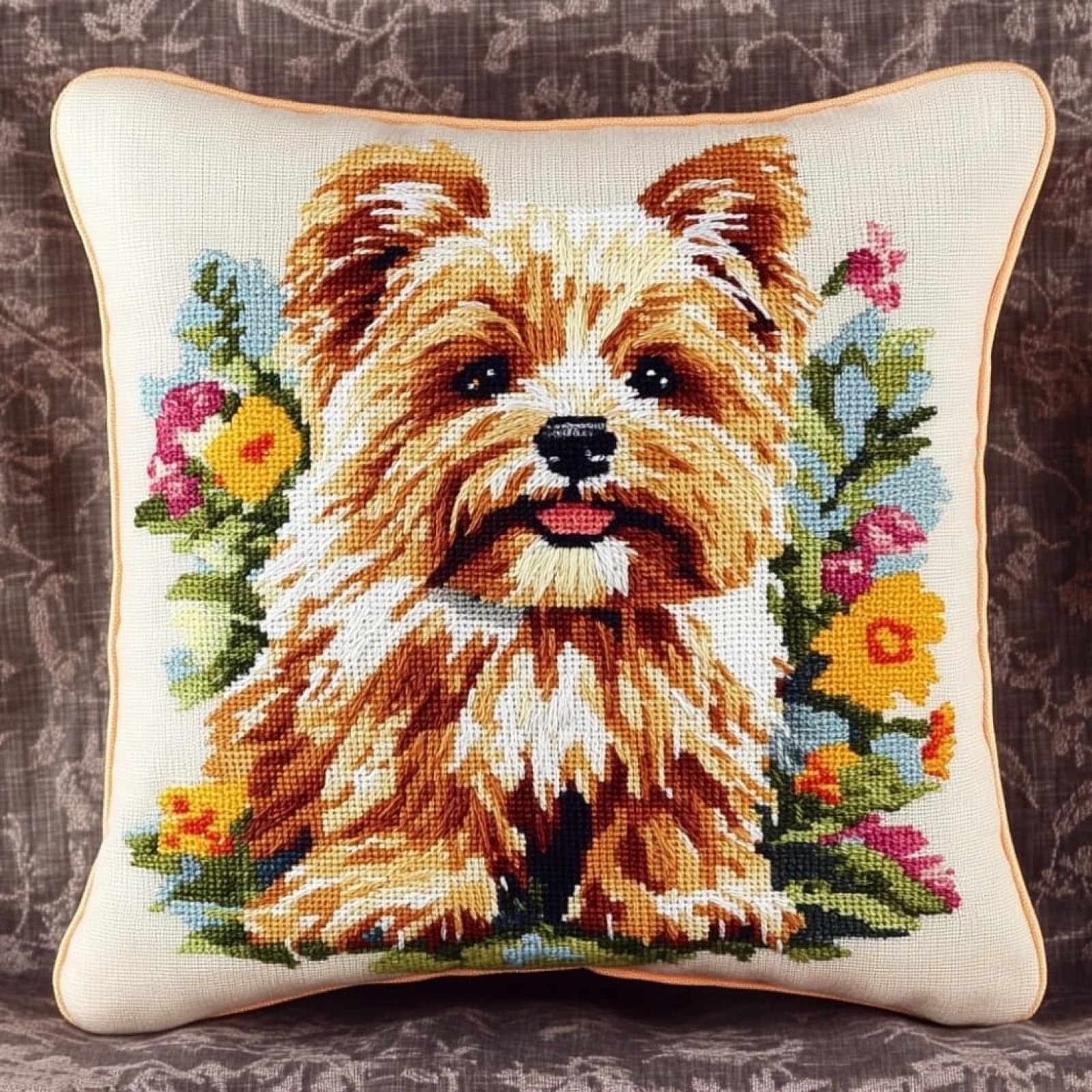 WallustrioaW Cross Stitch Pillow Cover Kit,Yorkshire Terrier in the Flowerbed,Cross Stitch Cushion Pillow Cases 11CT Stamped Kit Handmade Cushion Cover Adults Beginner,18x18inch