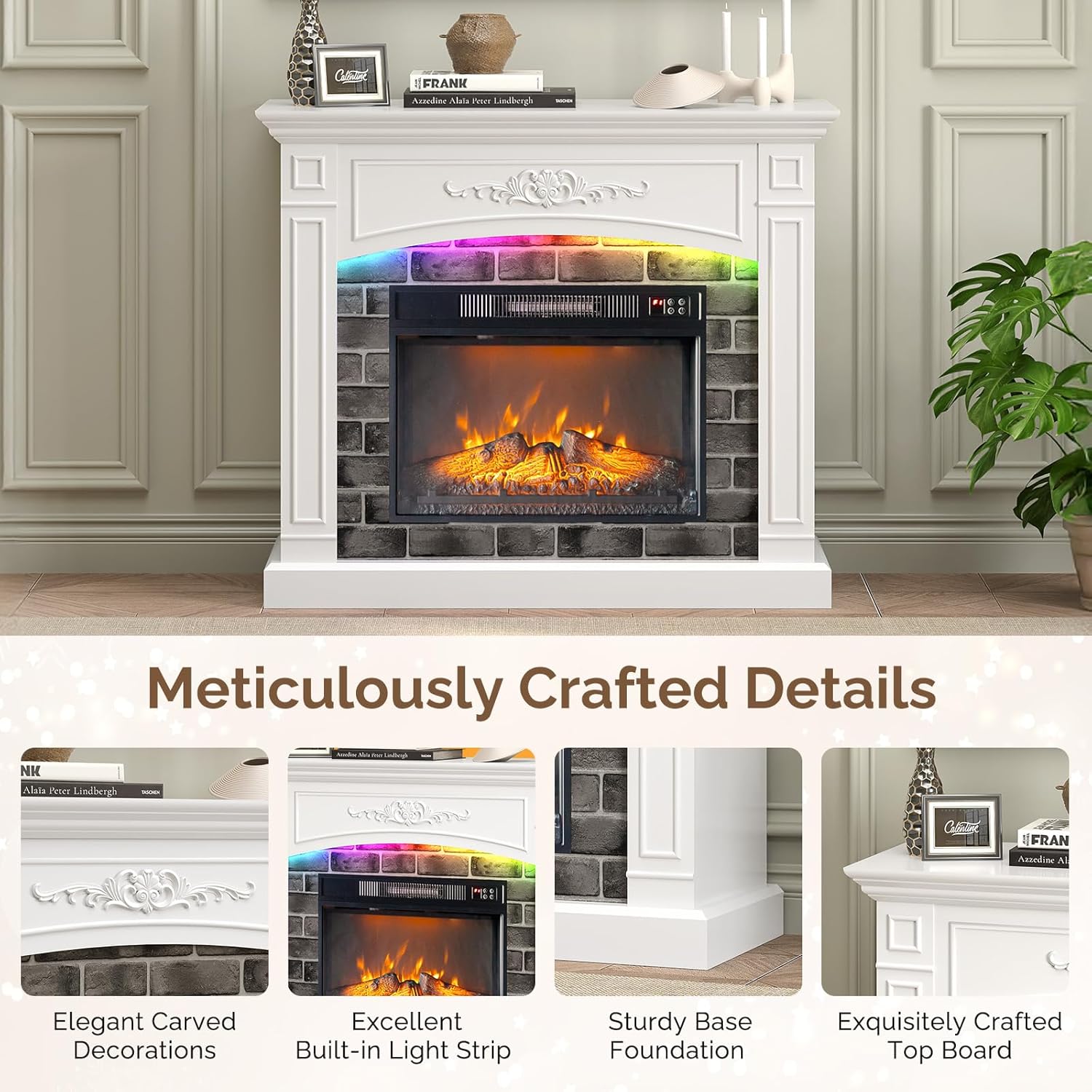 Bonnlo 43" Fireplace TV Stand for 55" TVs, Modern Entertainment Center with 18" Electric Fireplace Heater, Mantel & LED Light Strips, TV Console with Fireplace for Living Room & Bedroom, White