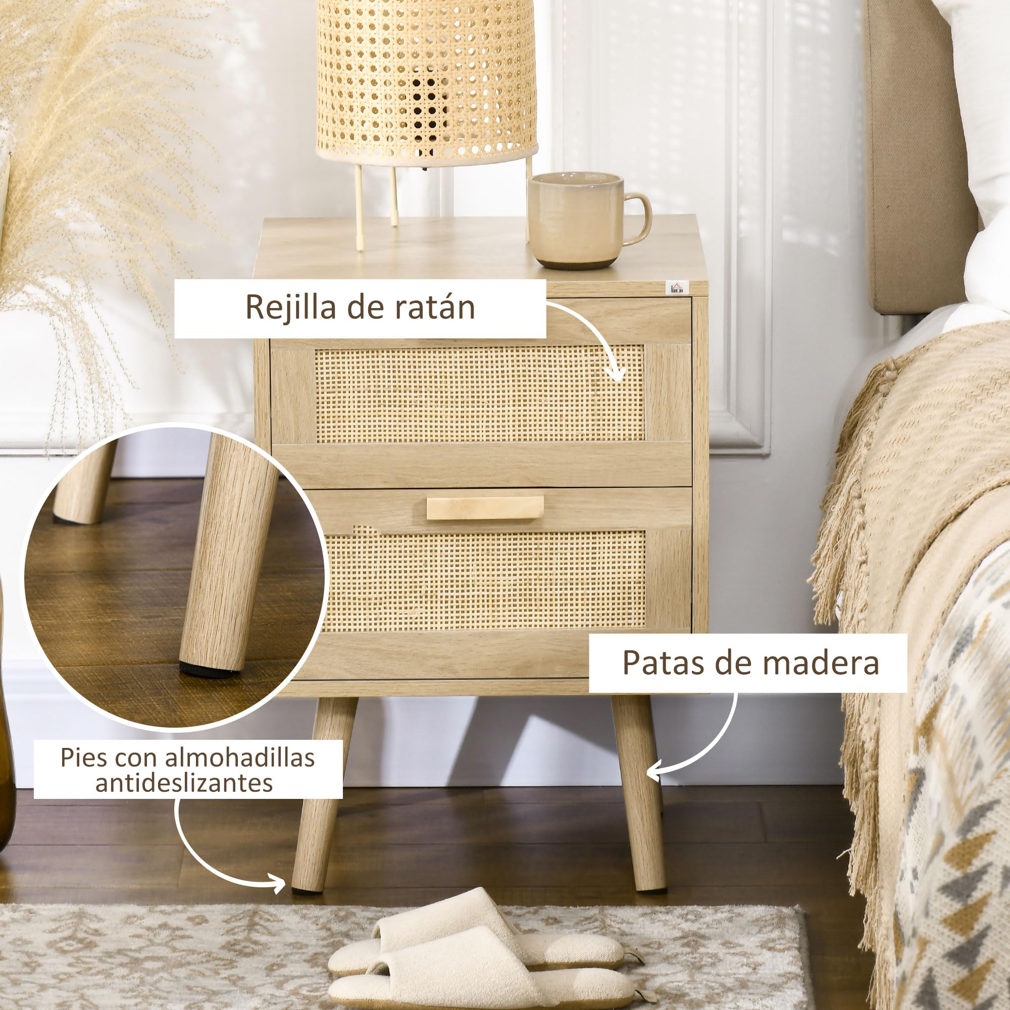 HOMCOM Mesita de Noche de Diseño Boho Mesilla de Noche con 2 Cajones de Rejilla y Patas de Madera para Salón Dormitorio 40x40x56 cm Natural