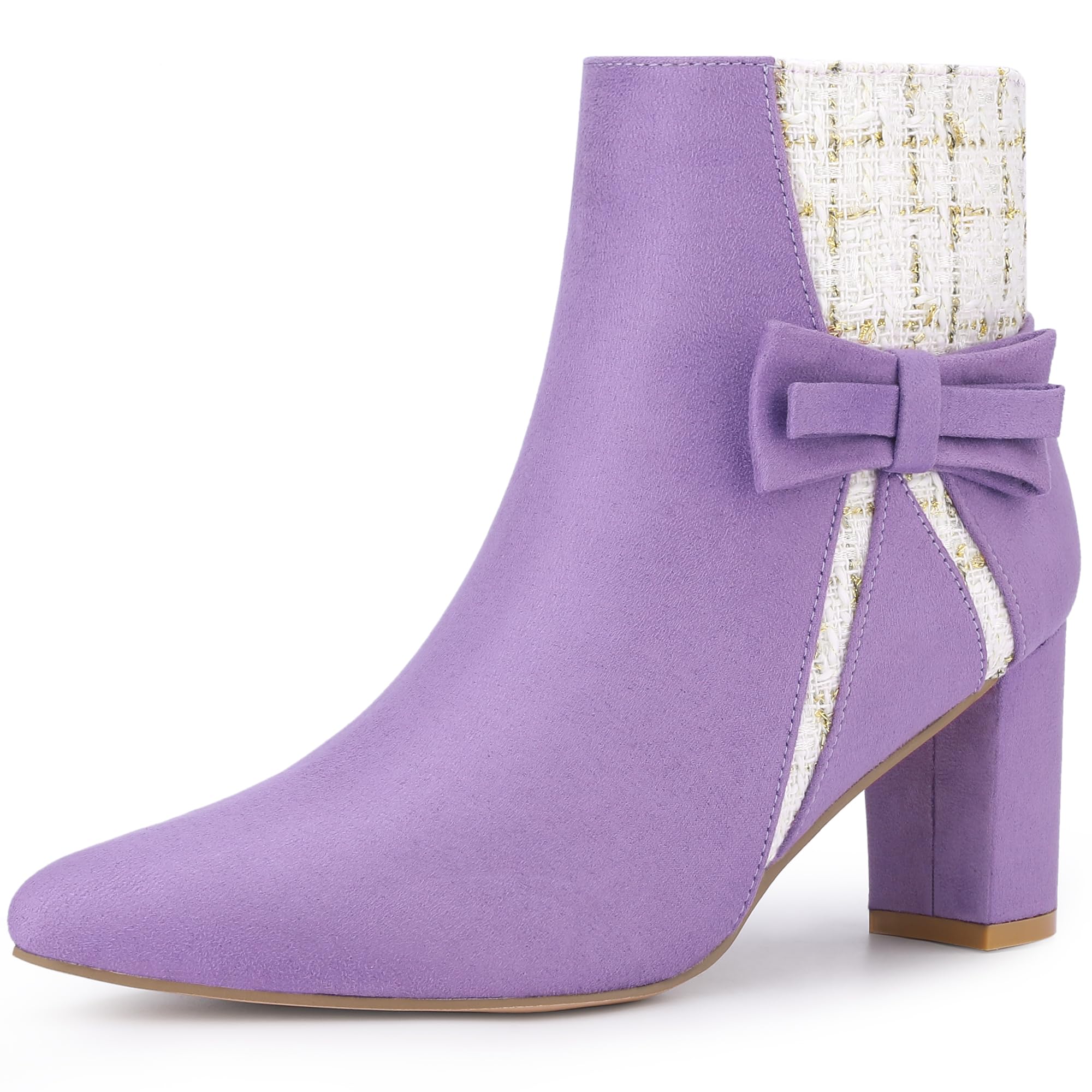 Allegra K Womens Tweed Plaid Heels Boot Bow Block Heels Ankle Boots