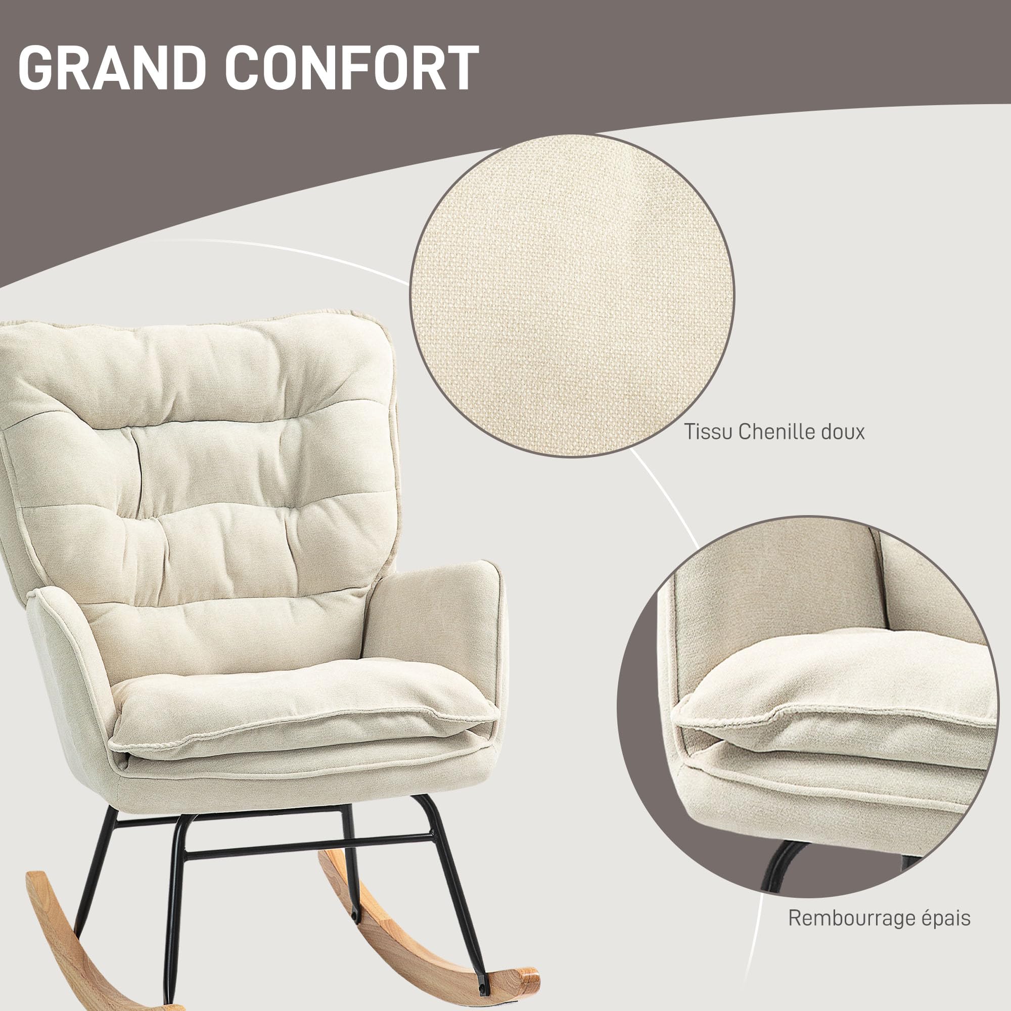 HOMCOM Fauteuil à Bascule, Rocking Chair en Chenille, Chaise à Bascule avec Dossier et Assise Larges rembourrés, accoudoirs, Base en Bois de hêtre, pour Salon, Chambre, Beige