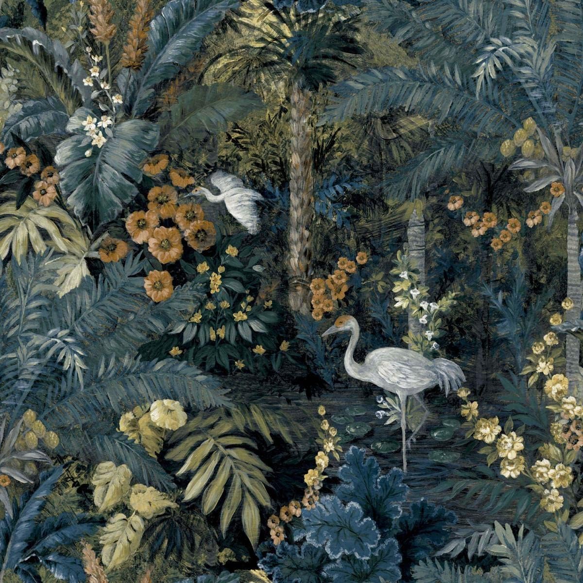 Outside in Jungle Paradise Tropical Exotic Animals Plants Foliage Wallpaper Perfect for Feature Wall Bedroom Bathroom Navy Holden 13180