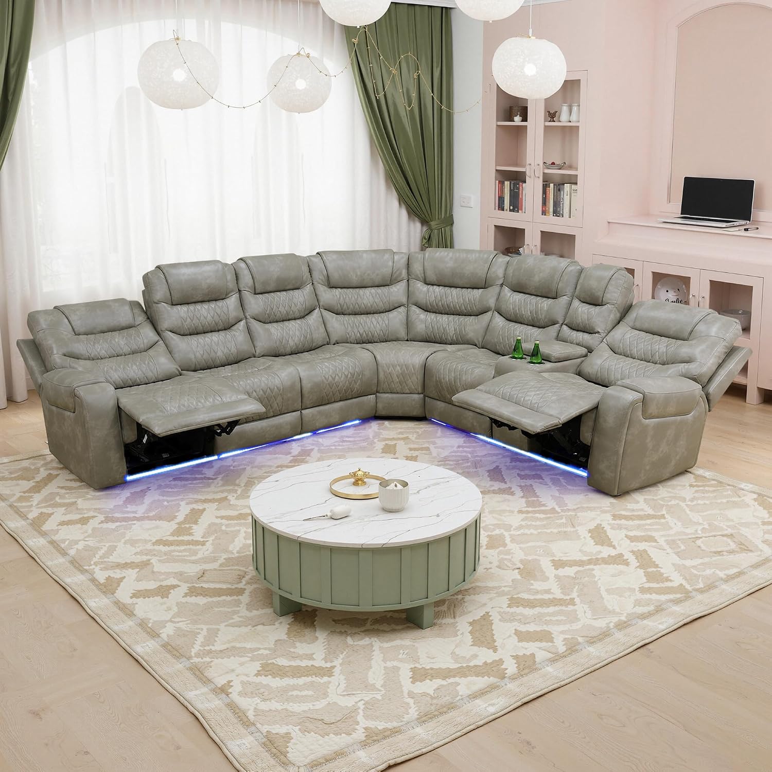 Breathing Leather Recliner Sectional Sofa with LED, Power Reclining Sectional Couch for Living Room, L Shaped Recliner Couch 6 Seat with USB Port&Cup Holders (Grey)