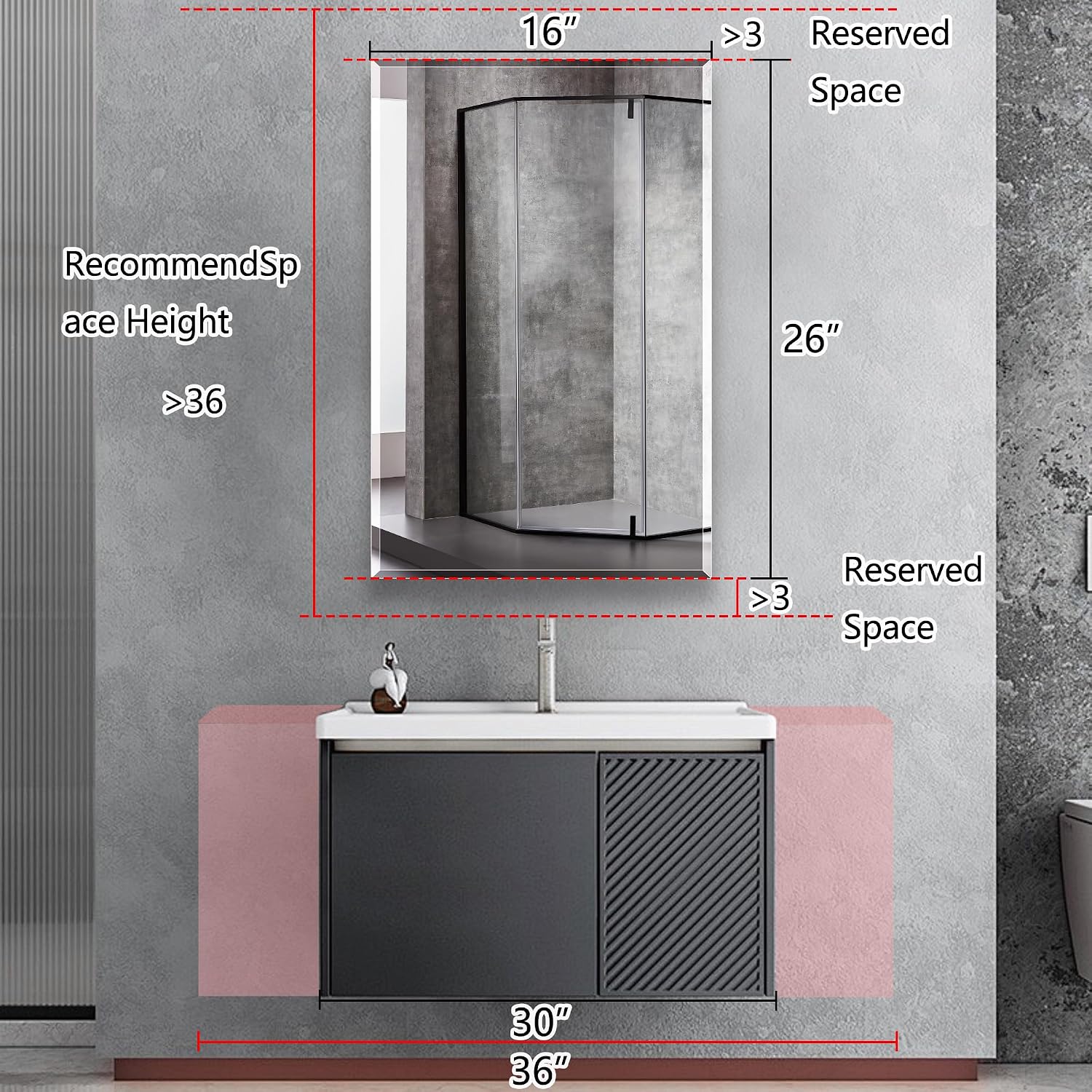 Bathroom Medicine Cabinet with 16x26 in Rectangular Beveled Frameless Mirror,Wall Mounted Mirror Cabinet for Bathroom Toilet Kitchen,Recess or Surface Mount,Already Assembly