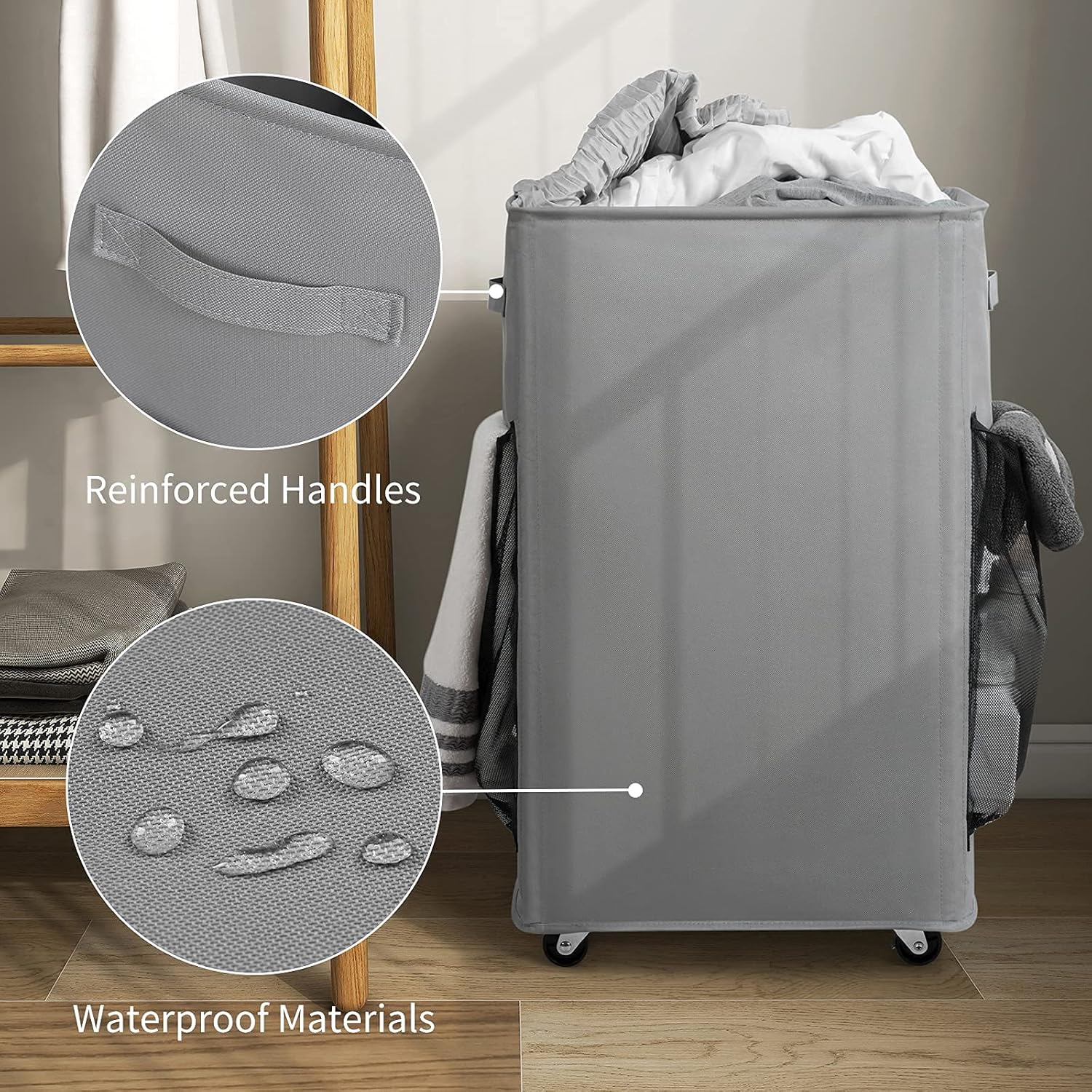 Chrislley 90L Rolling Laundry Basket Large Laundry Hamper with Wheels Collapsible Hamper Tall Storage Cart Foldable Clothes Organizer (Grey)