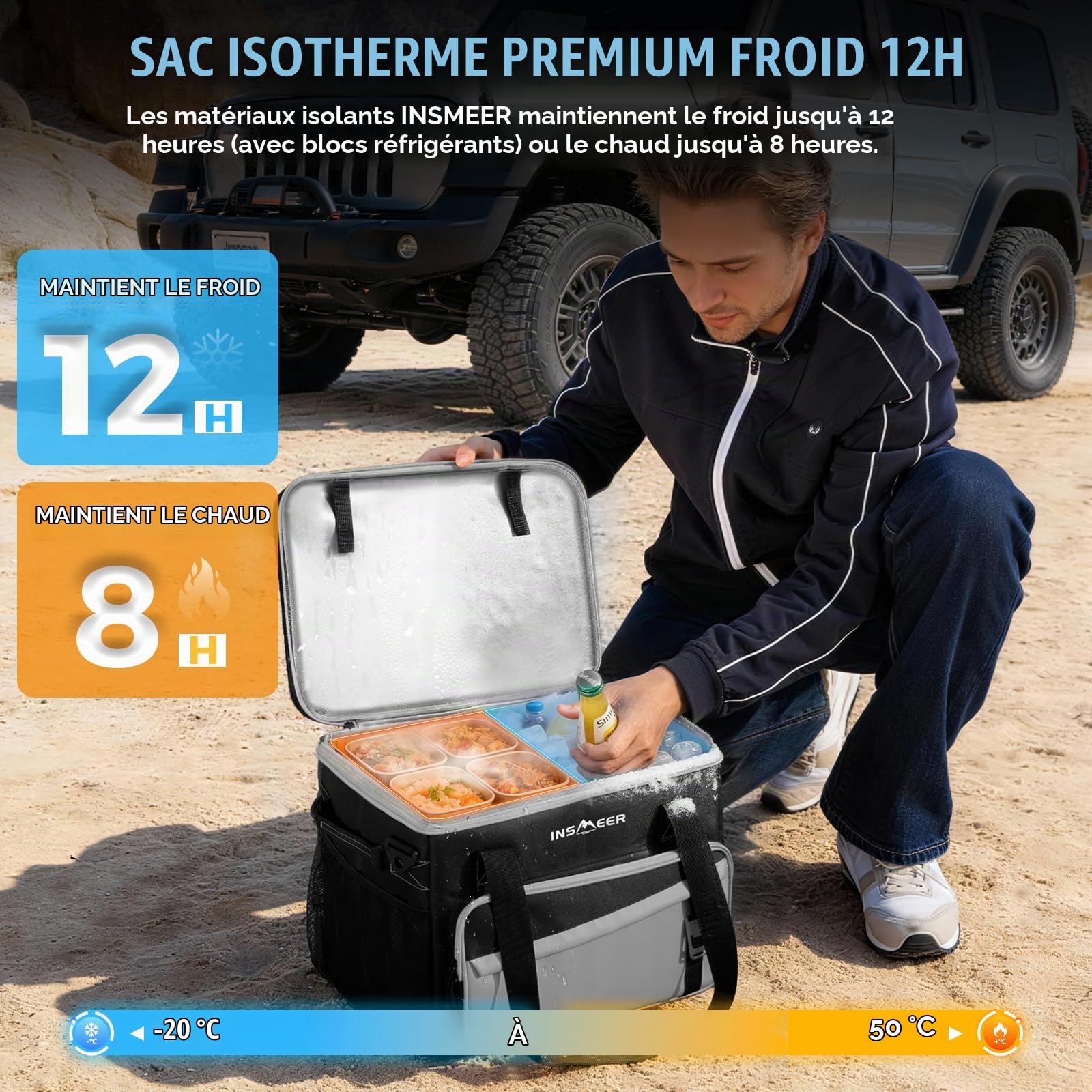 INSMEER Glacière souple avec coque rigide et 2 porte-gobelets, sac isotherme 100 % étanche