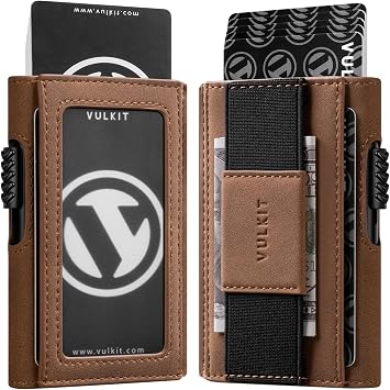 VULKIT Slim Card Holder for Max. 8 Cards with Pop-Up Credit Card Ejector RFID Blocking, ID Window and Elastic Strap for Bills or Keyring, Gift Box Packed, Braun