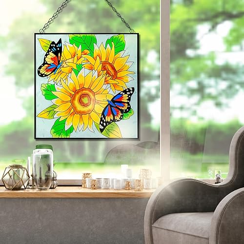 Miniatura 8 de Colgantes de ventana de girasol y mariposa, panel de cristal de 11 pulgadas con cadena para colgar en la ventana, regalos para amantes