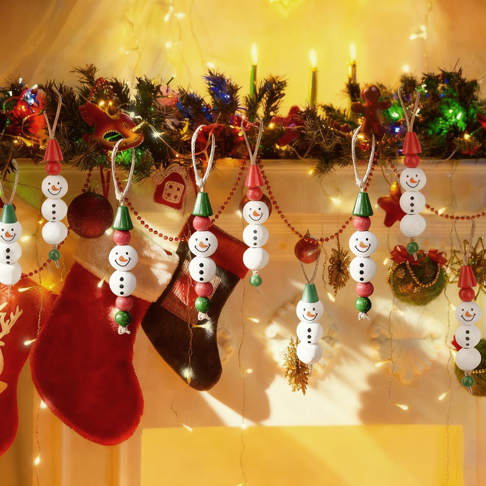 190 Perline Legno Di Natale Con Faccine Pupazzo Di Neve, Kit Fai Da Te Con Spago E Nastro, Decorazioni Per Albero, Ghirlande E Lavoretti - 5