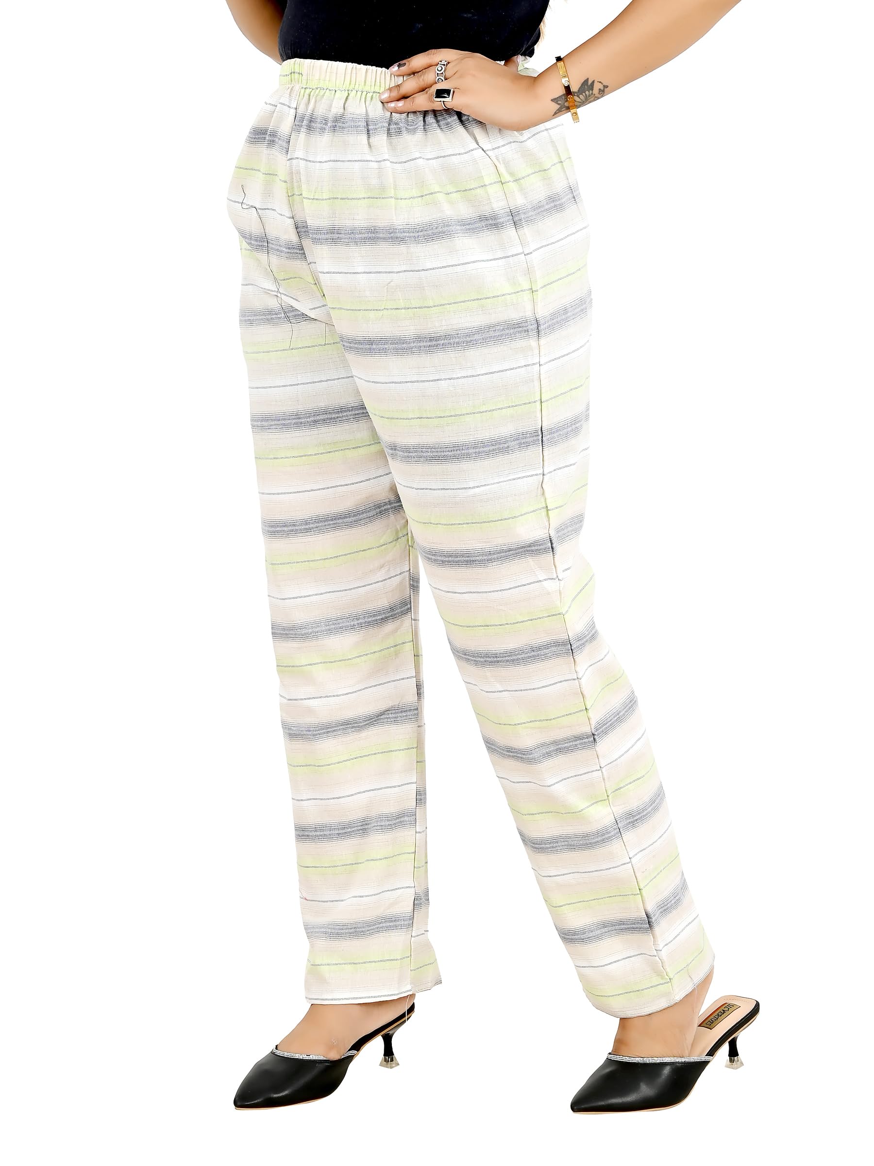 Messica Women's Cotton Printed Striped Lounge Pajama | Regular Fit Full Length Night Pant | Elastic Waist | 2 Side Pockets | Soft & Breathable Sleepwear-image-32