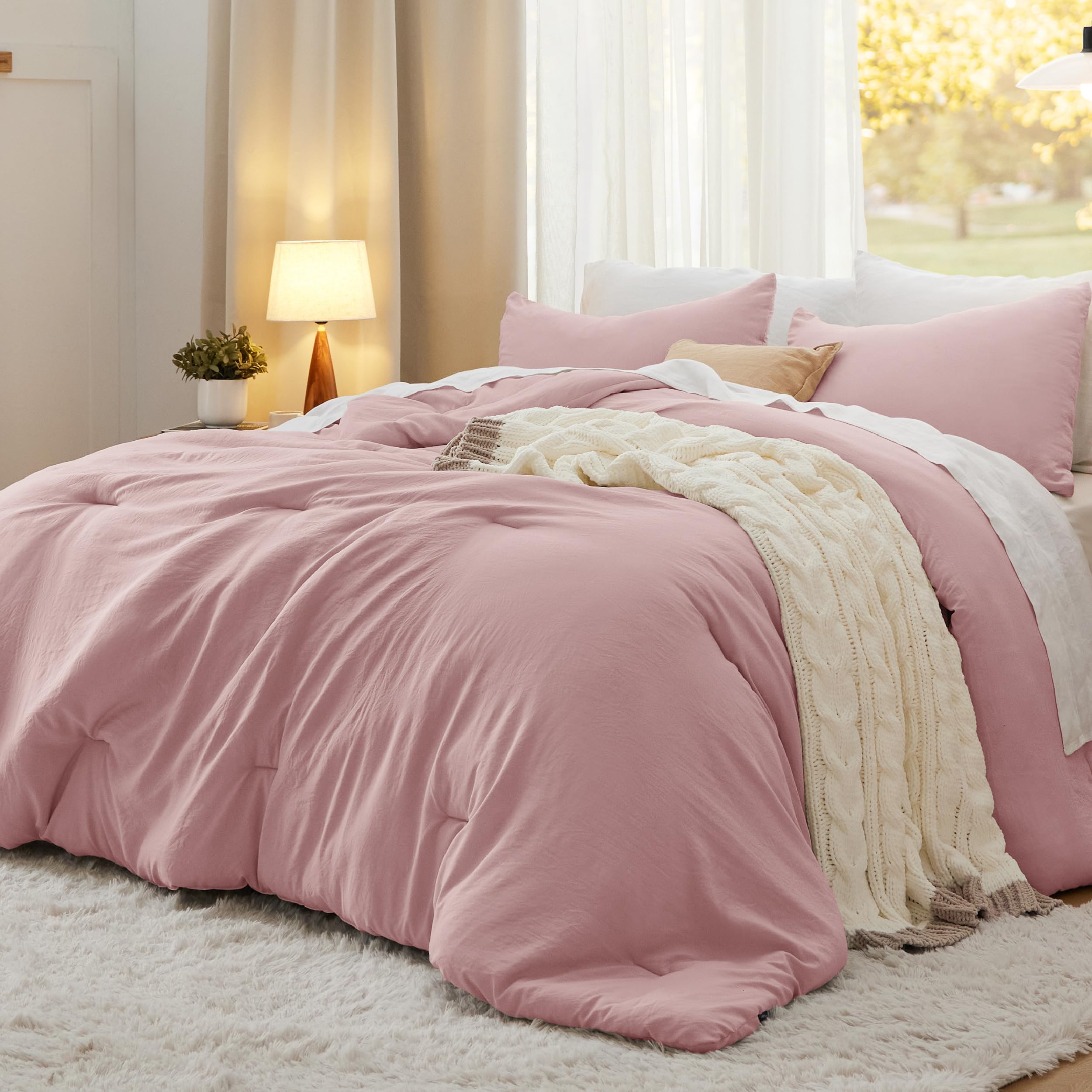 Bedsure California King Size Comforter Set, Pink Soft Prewashed Bedding for All Seasons, 3 Pieces GentleSoft™ Down Alternative Bed Set, 1 Lightweight Comforter (104"x96") and 2 Pillowcases (20"x36")
