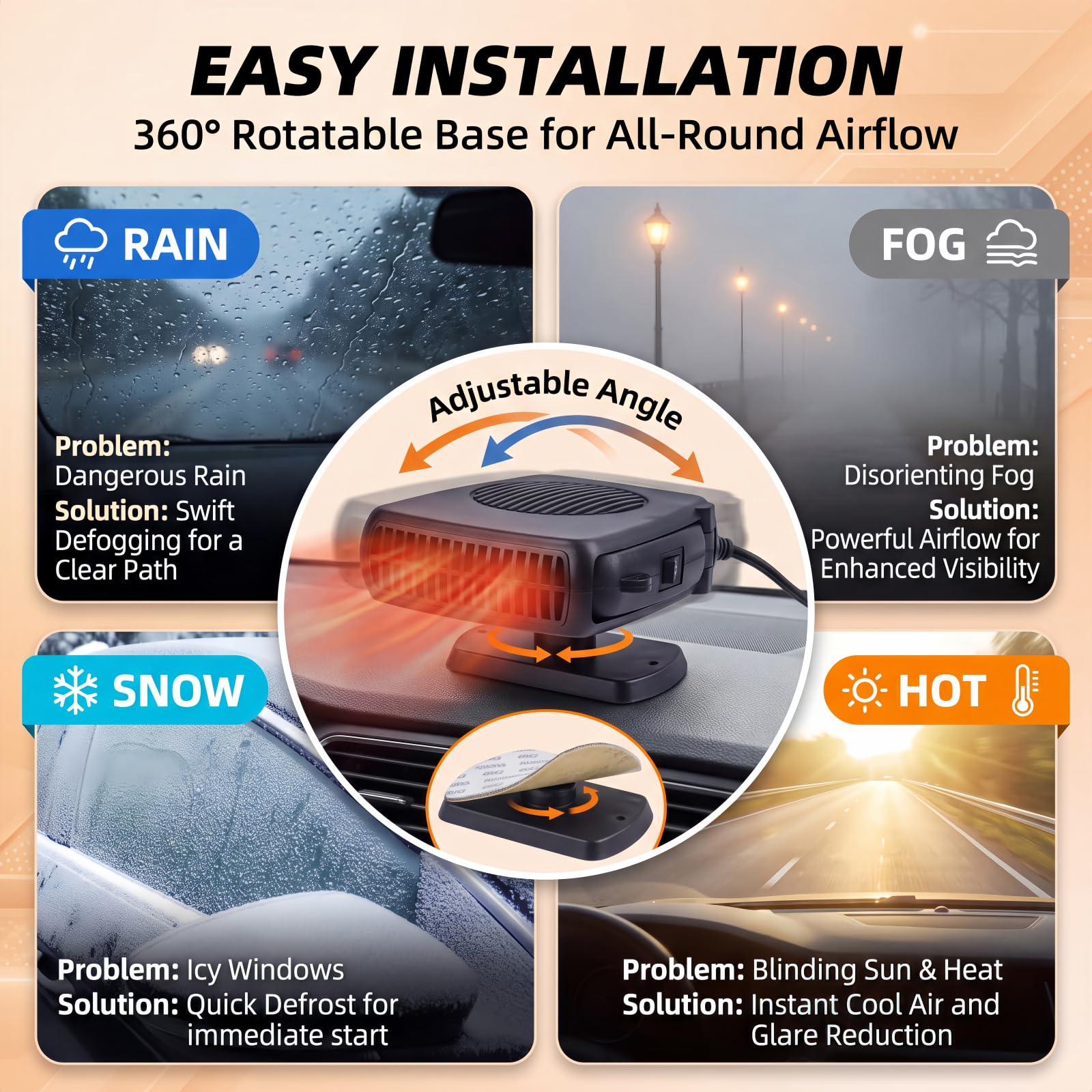 Calentador de coche de 12 V 200 W, calentador de coche 2027 nueva actualización 2 en 1 y ventilador de refrigeración con asa