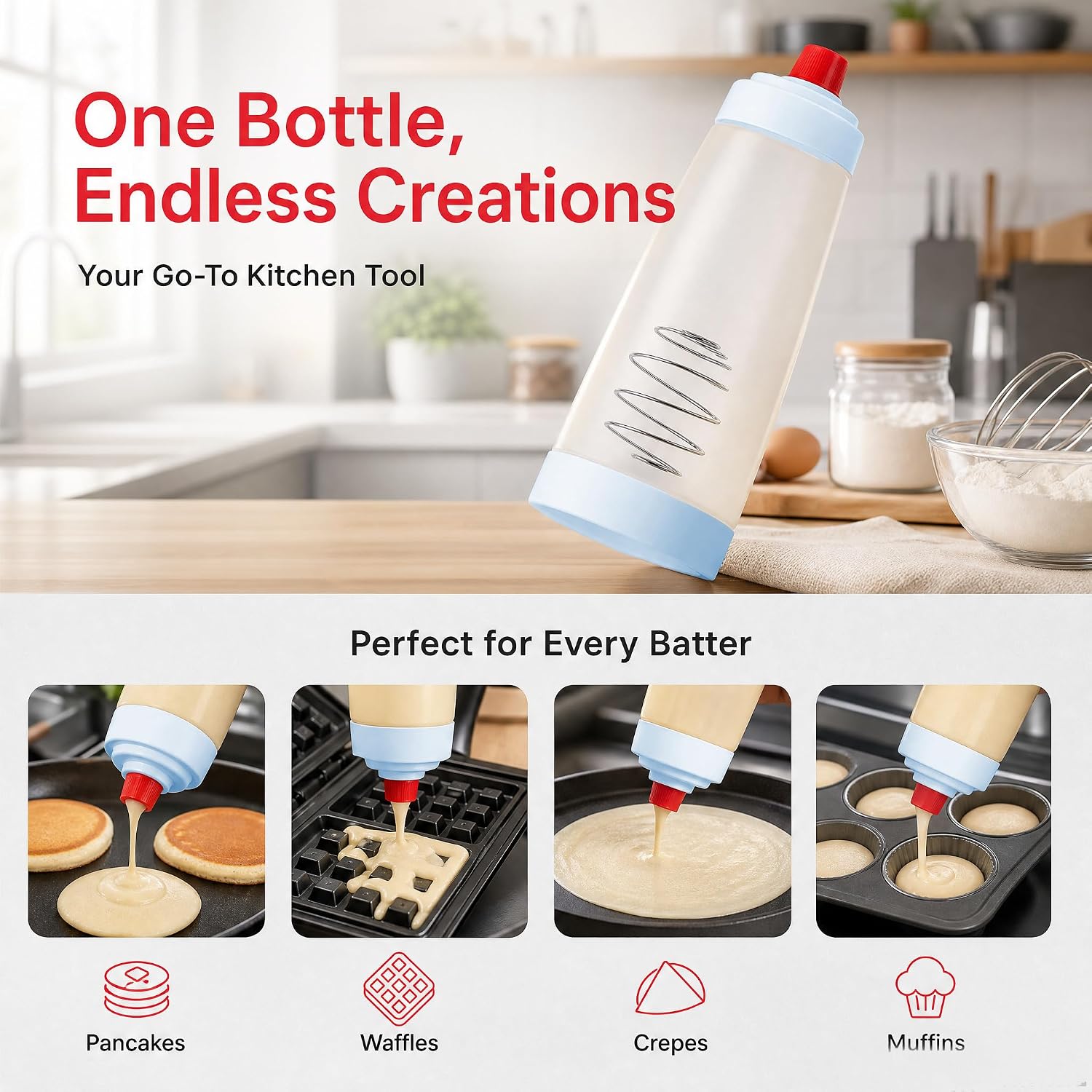2 Pack 1000ml Pancake Batter Squeeze Dispenser Bottle with Whisk Ball