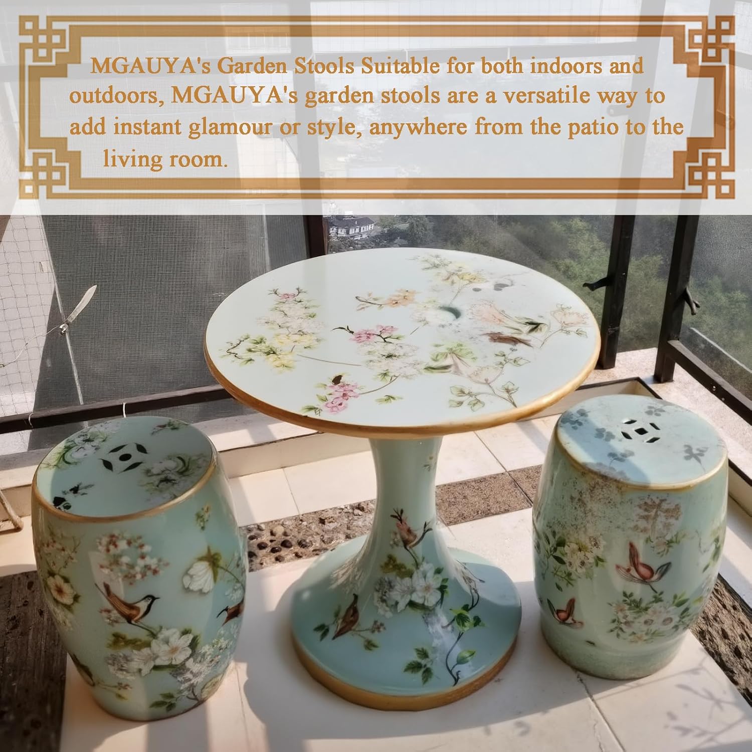 Ceramic Garden Stool, Glazed Hand-Painted Drum Bird Morocco Ubuy