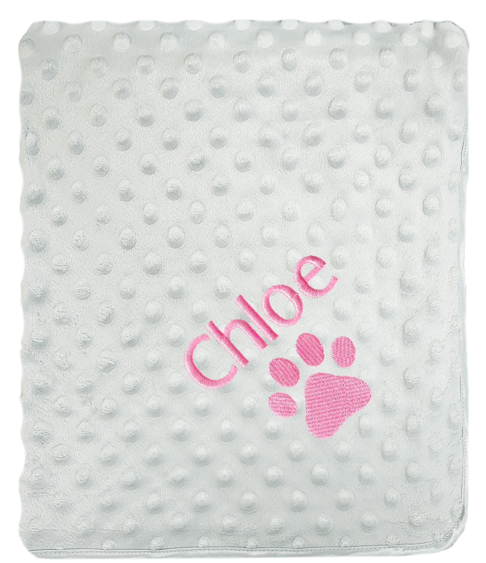 JJLC Personalised Dog Cat Pet Blankets Embroidered Name Paw (Grey Bobble, Pink Name)