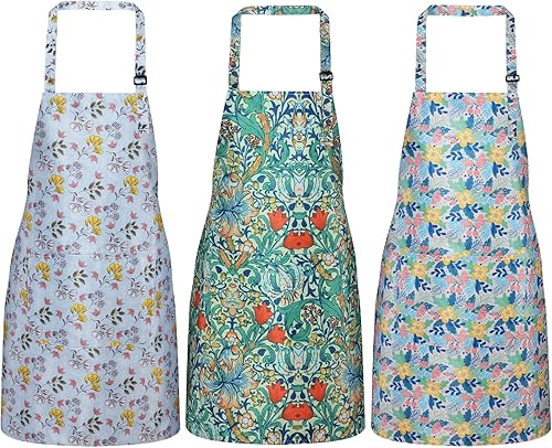 Paquete de 3 delantales florales impermeables para mujer, correa ajustable con bolsillo, multiusos para cocina, arte, jardín