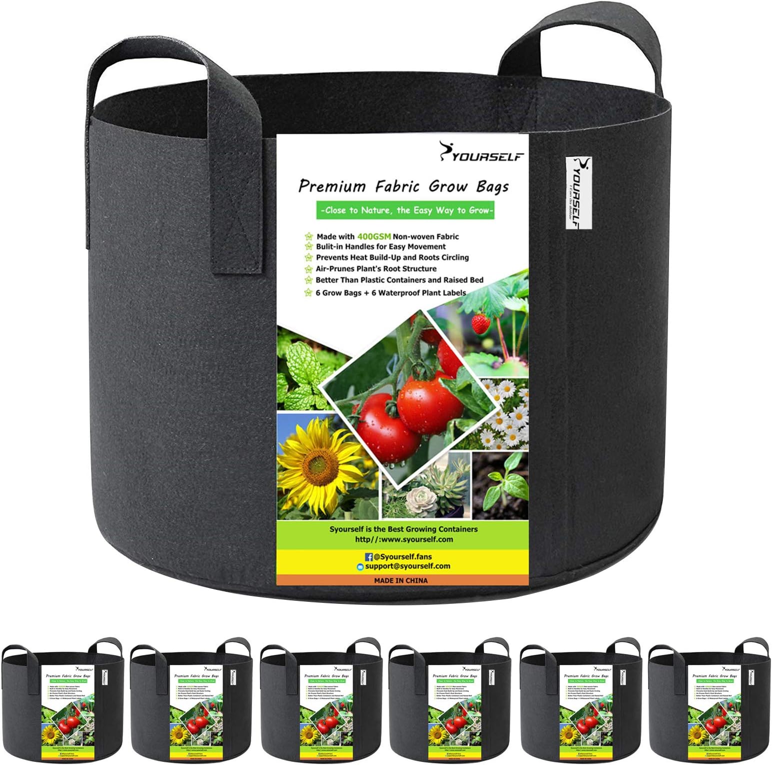 SYOURSELF 6 Pack Grow Bags 7 Gallon Fabric Pots ,Thickened Nonwoven Grow Bag with Handles ,Fabric Pots for Vegetable Flower Tomato Potato Garlic Indoor Outdoor Plants +6 Waterproof Garden Lables