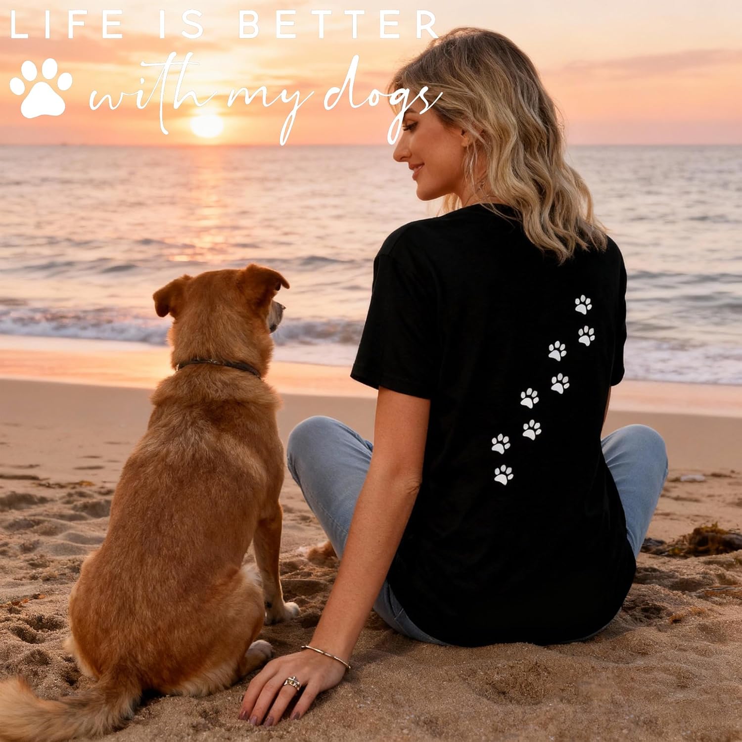 Women's Life is Better with My Dogs T-Shirt - Funny Dog Lover Graphic Tee with Cute Paw Prints, Gift for Dog Moms Casual Top - Image 3