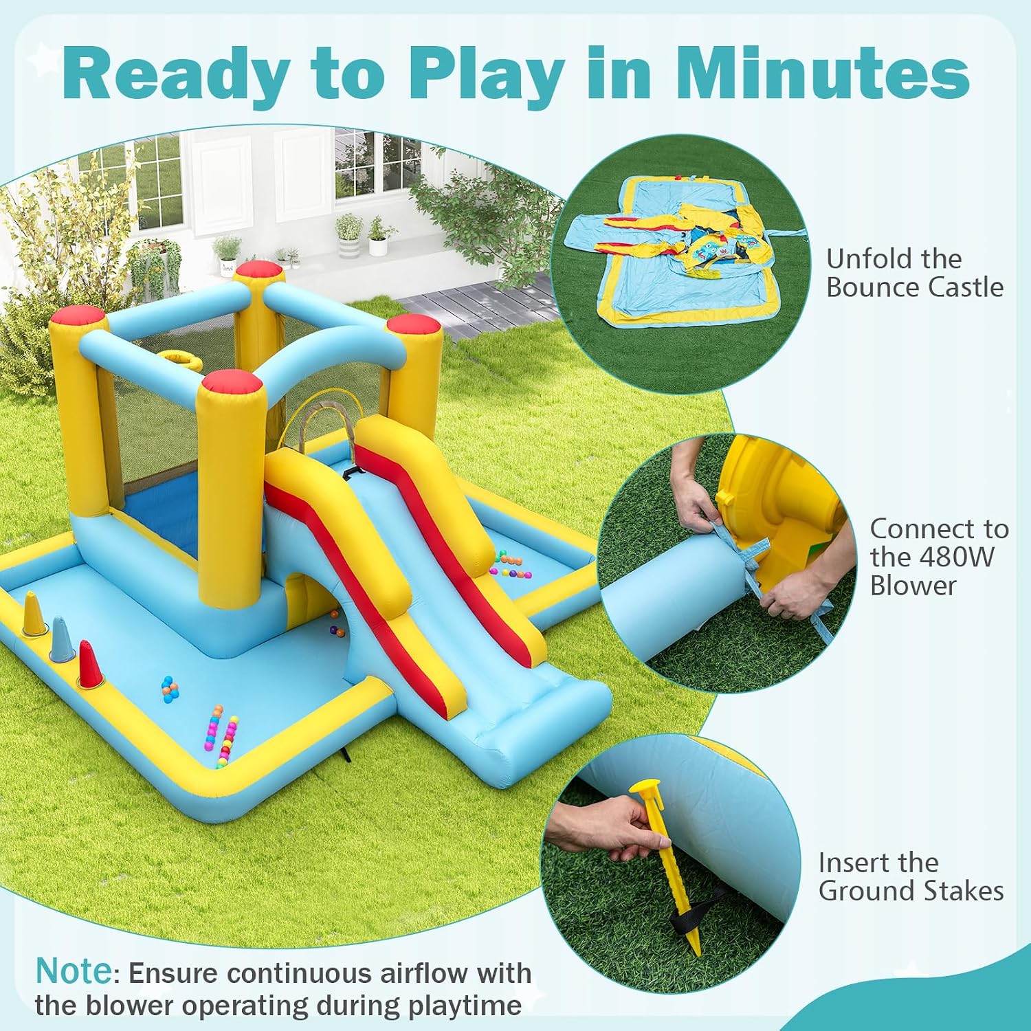 BOUNTECH Inflatable Bounce House with Ball Pit, Long Slide & Tunnel Bouncy House for Kids Aged 3+ Backyard Party Fun, Kids Bounce House with Slide for Boys Girls Indoor Outdoor Birthday Party Gift