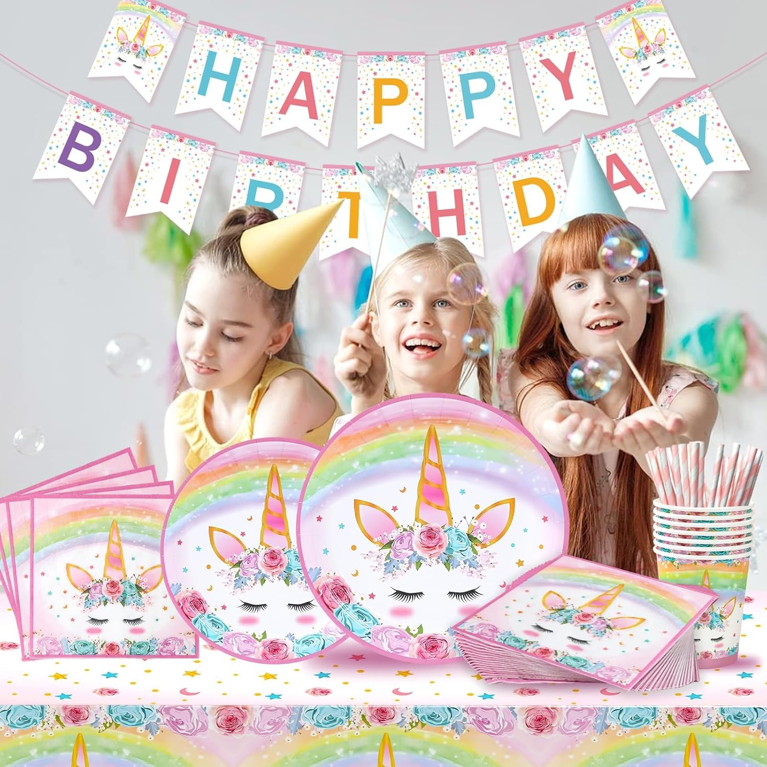 Unicorn Birthday Decorations for Girls - 82 Pcs Rainbow Unicorn Party Supplies include Disposable Tableware, Tablecloths and Banners, Pink Floral Birthday Party Decor Serves 16 - Image 8